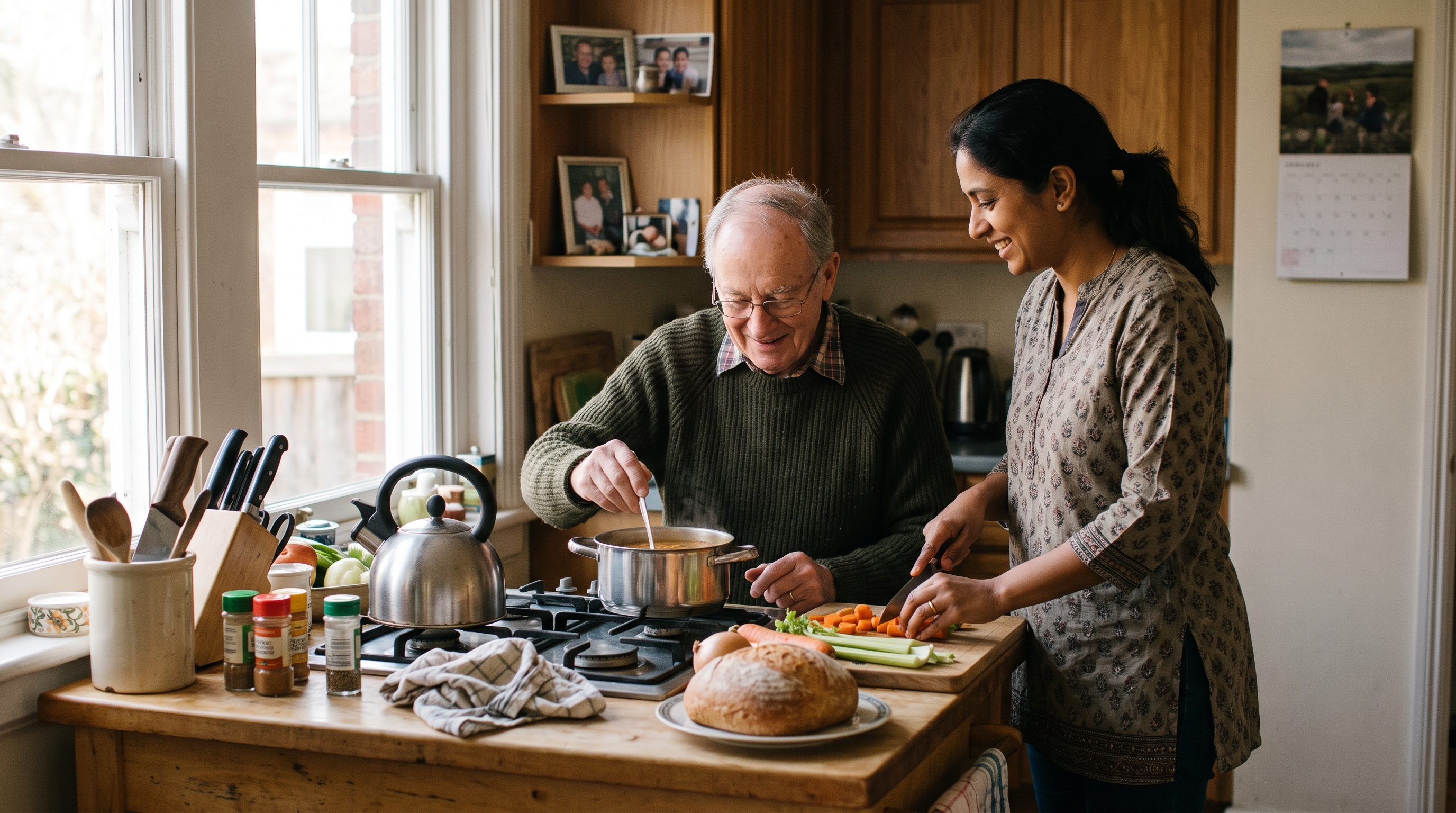 Companion caregiver sharing a meal with a senior at home