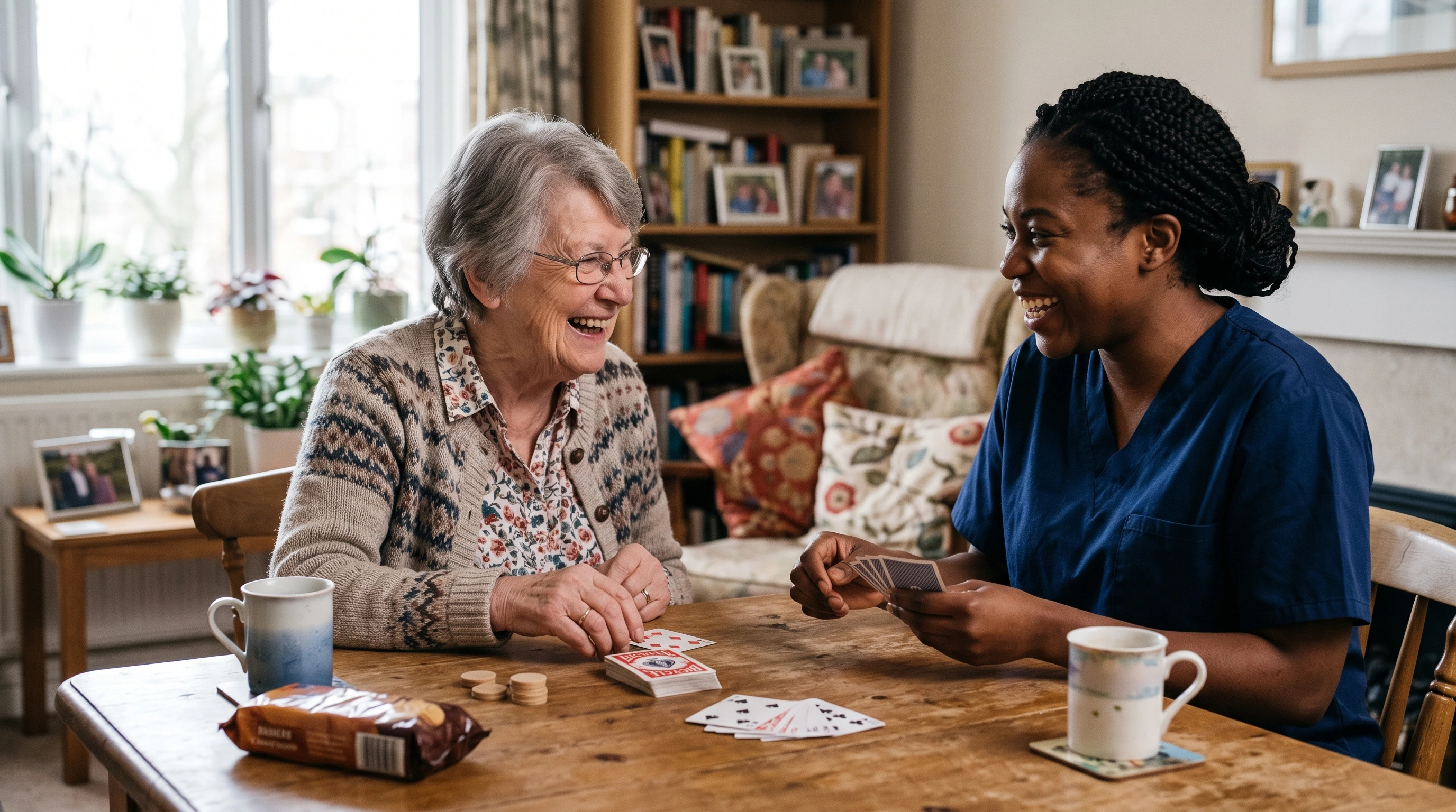 A respite caregiver keeping a client company at home