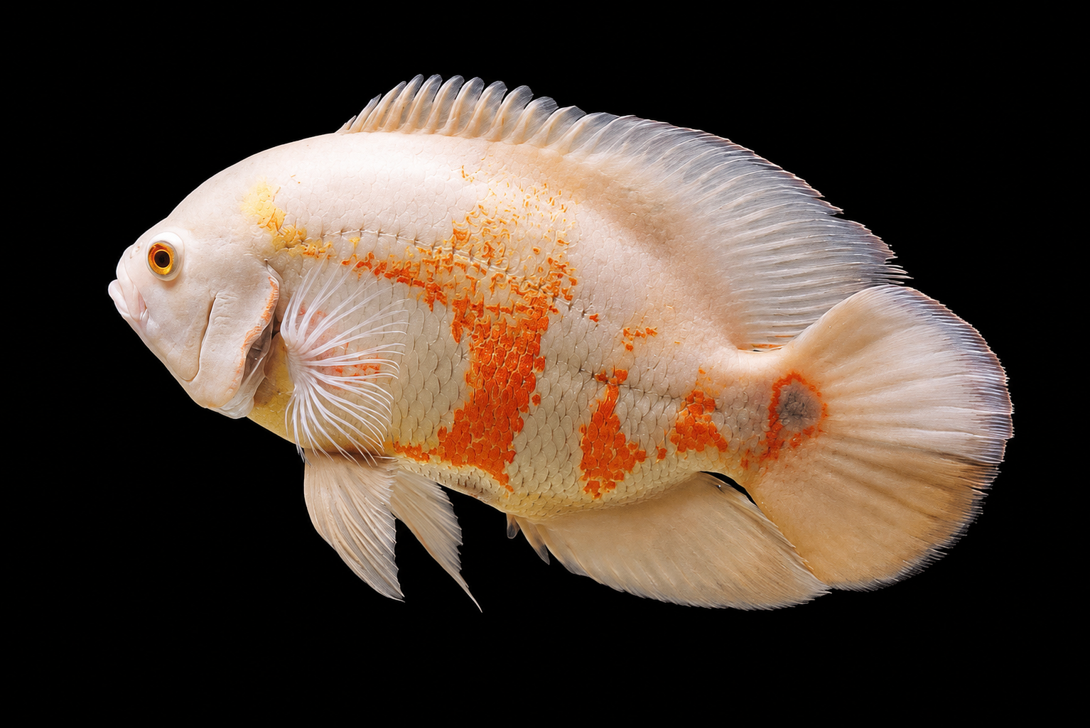 Albino Oscar with a pale body, red eyes and orange markings