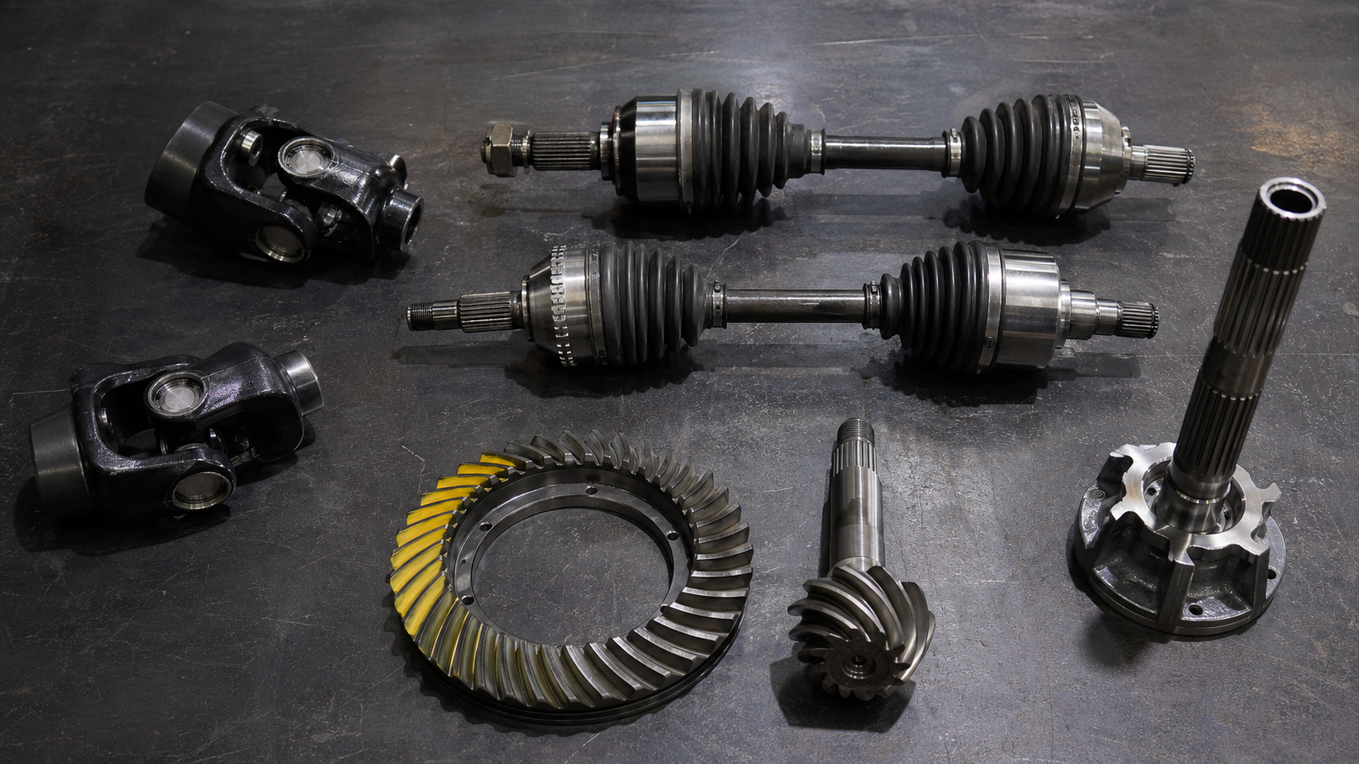 Drivetrain components flat lay showing U-joints CV axles ring and pinion gear set and billet transfer case output shaft on shop floor