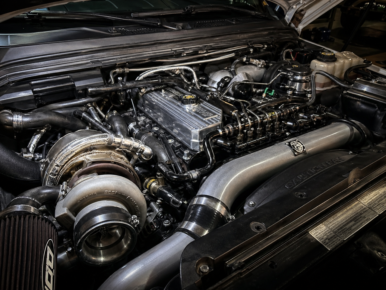6.7 Power Stroke diesel engine bay with turbocharger intercooler piping and fuel rail under dramatic shop lighting