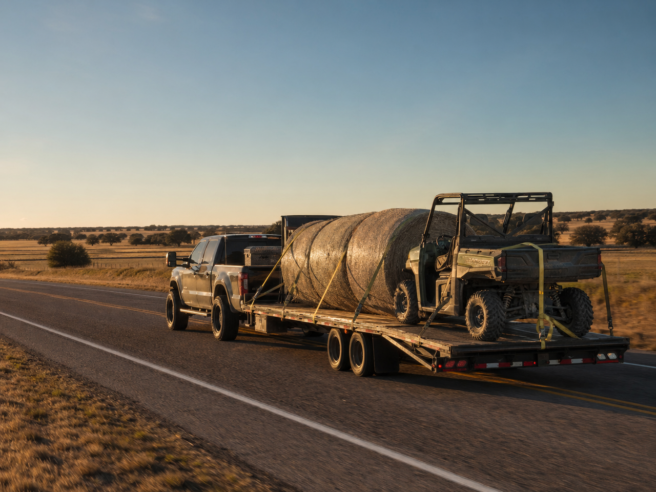 Lifted diesel pickup truck towing loaded flatbed trailer on rural Texas highway at golden hour