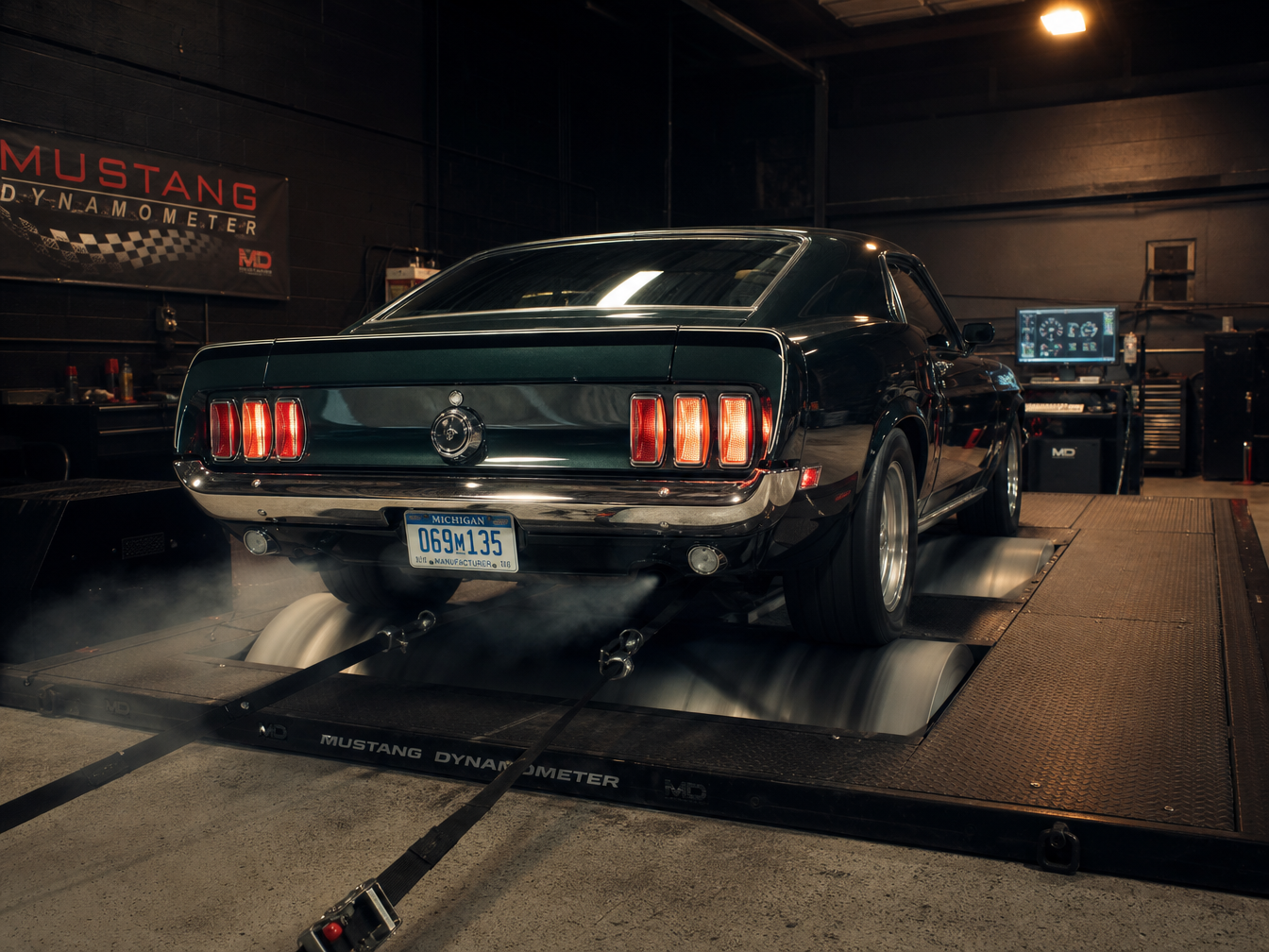 Muscle car on Mustang chassis dynamometer — dyno tuning Houston TX, exhaust fumes visible
