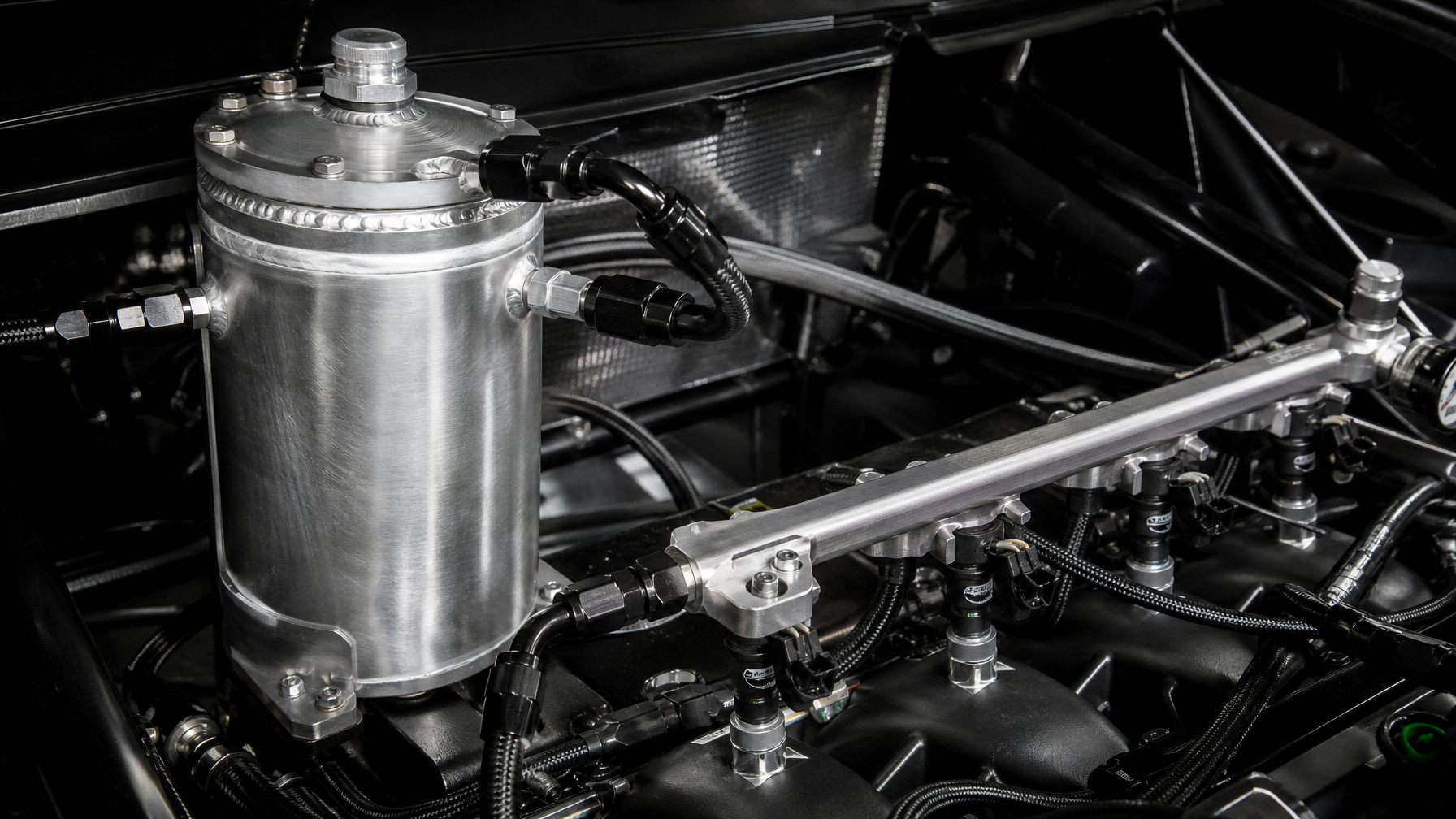 Fuel surge tank and injector rail with AN lines — fuel system upgrades for forced induction builds Houston TX