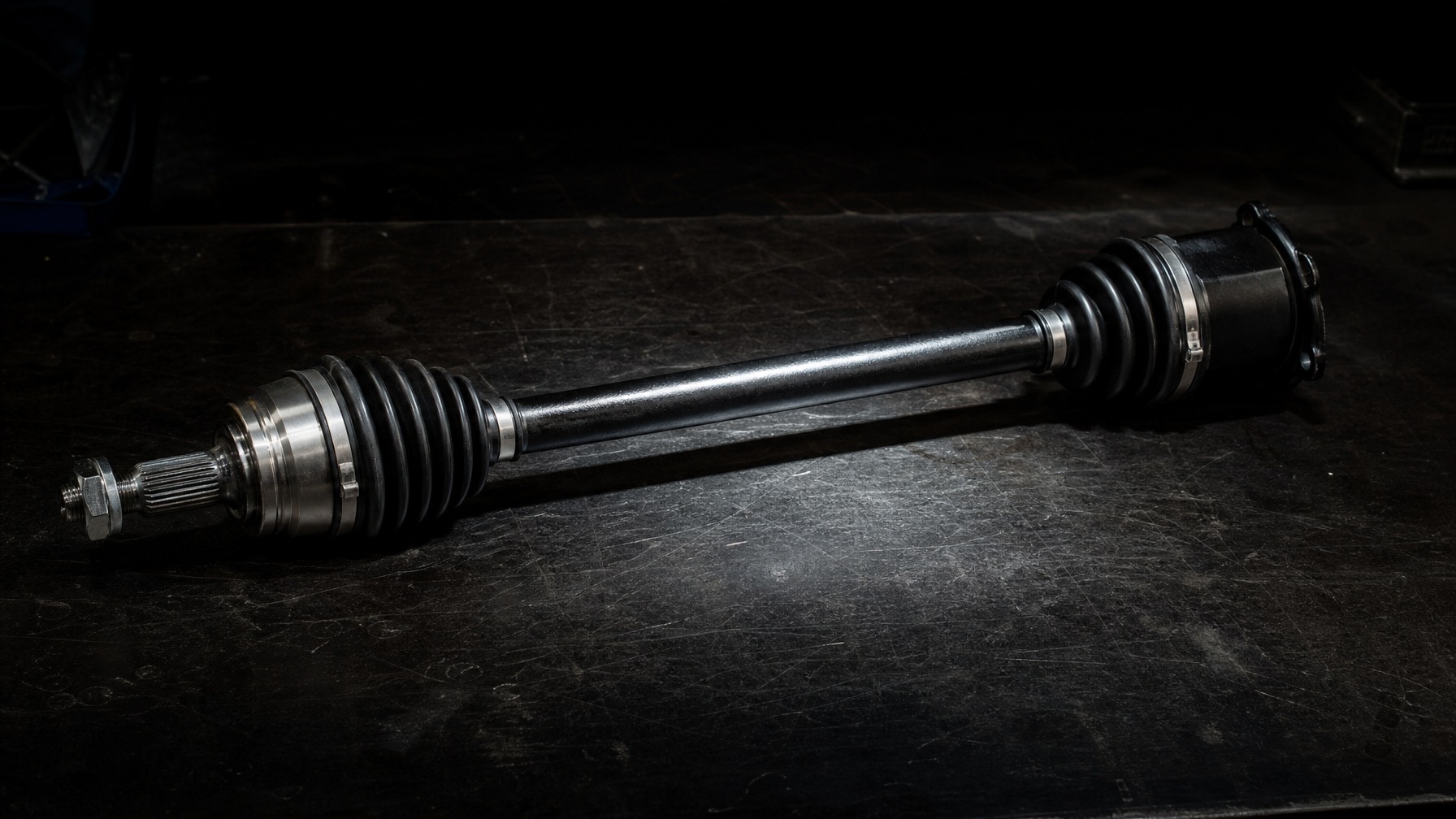 Performance CV axle half shaft on workbench — drivetrain and axle upgrades Houston TX