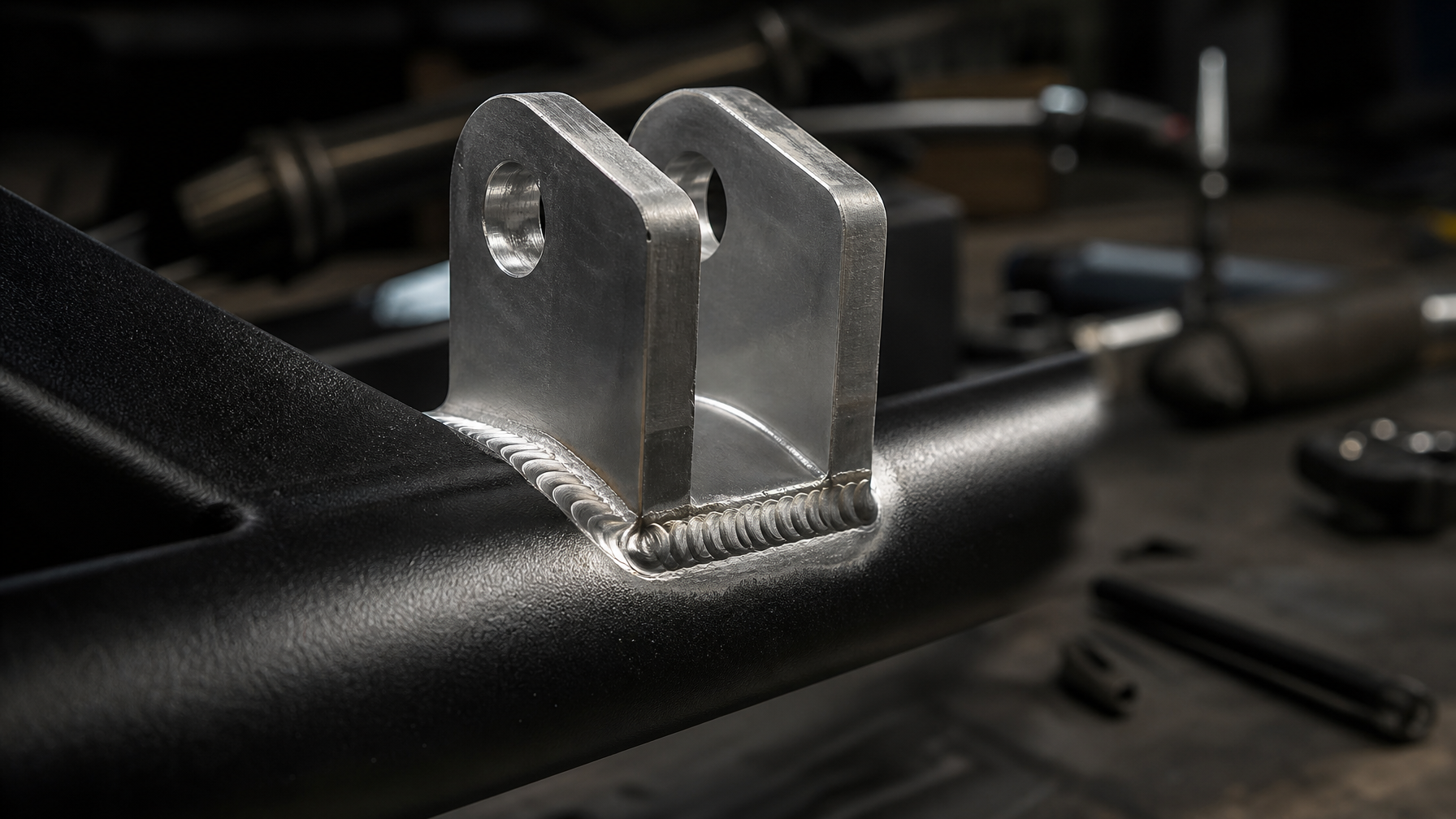 TIG-welded aluminum bracket on chassis tube — custom fabrication Houston TX performance shop