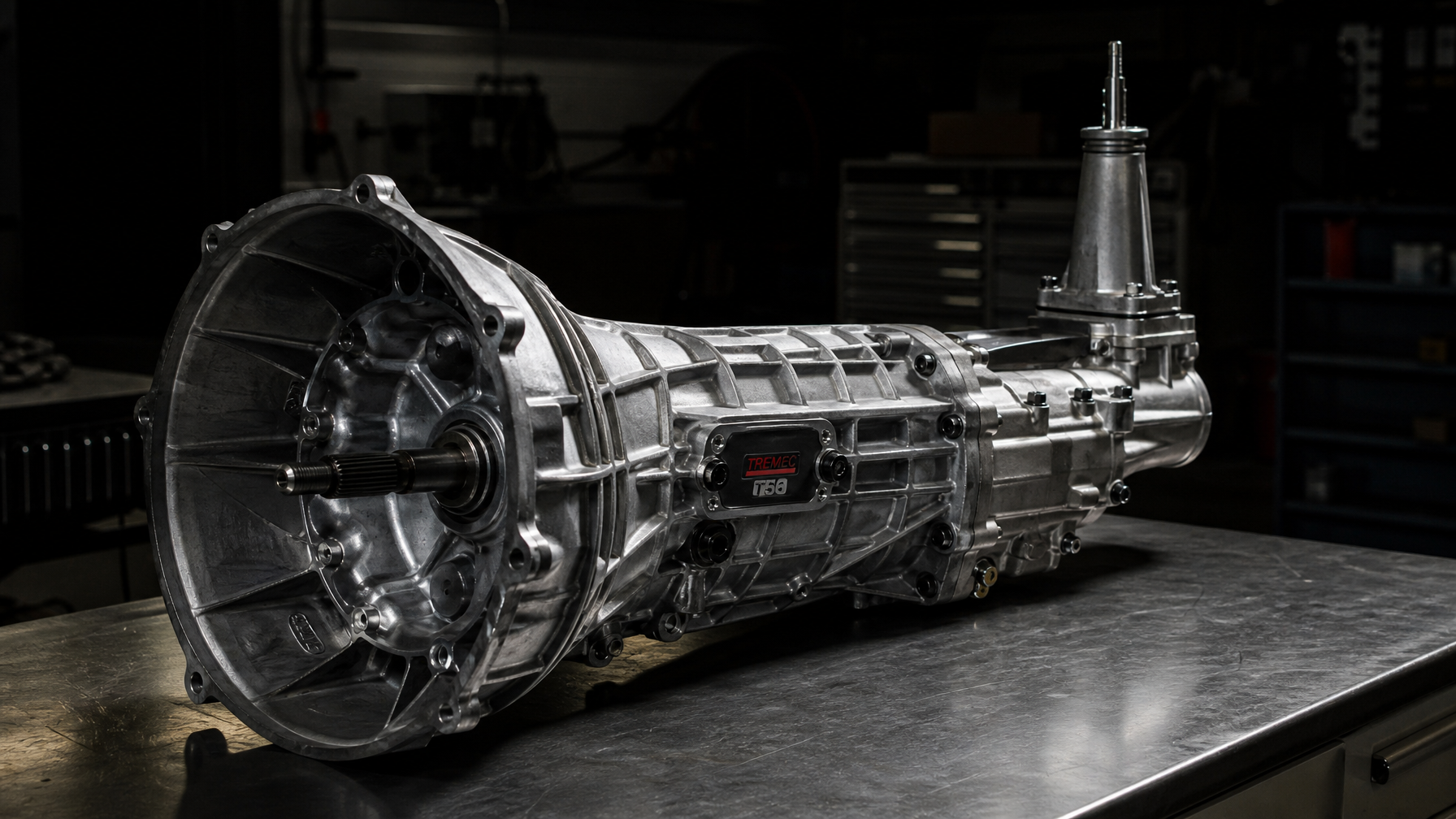 Tremec T56 transmission on workbench — transmission and gearbox rebuilds, Iron Ridge Motorsports Houston TX
