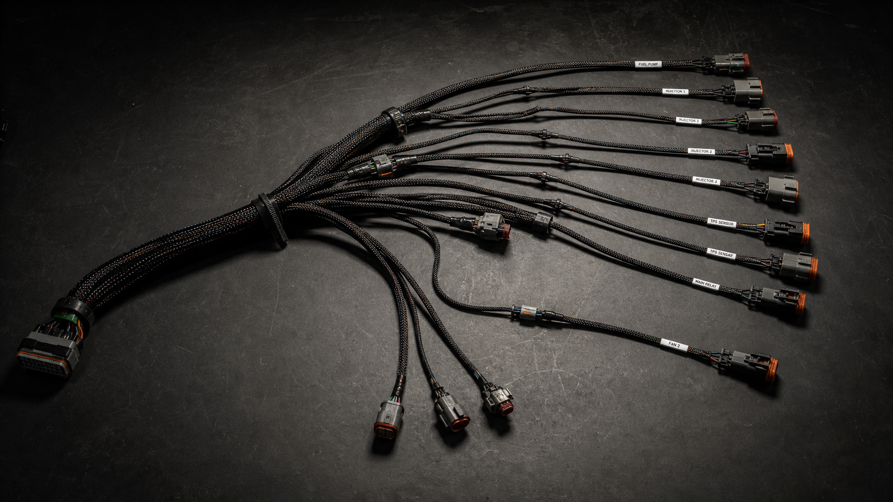 Motorsport wiring harness with Deutsch connectors — custom ECU harness builds Houston TX