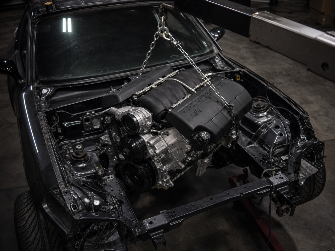 LS engine being lowered into chassis — engine swap builds Houston TX