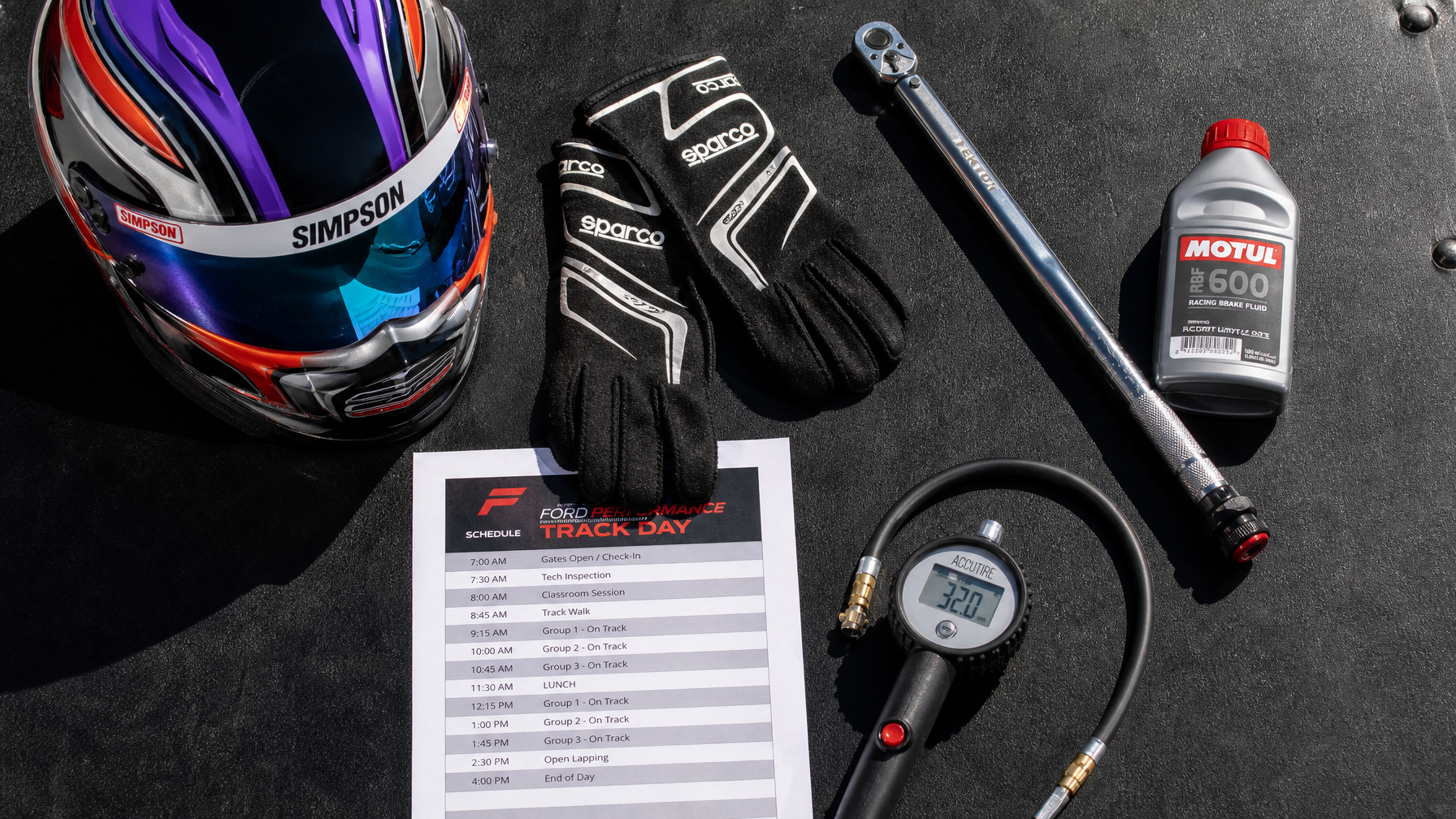 Track day gear flat lay — helmet, gloves, torque wrench, brake fluid