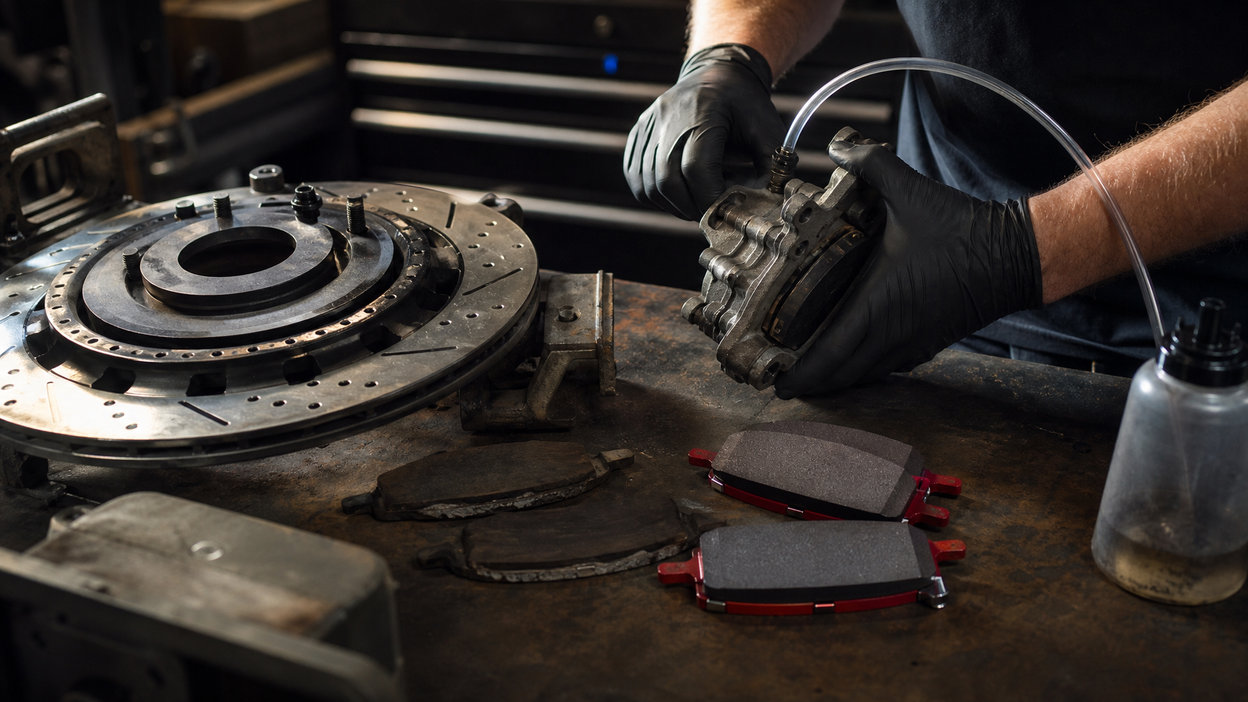 Brake pad inspection — worn vs new track pads at Iron Ridge Motorsports