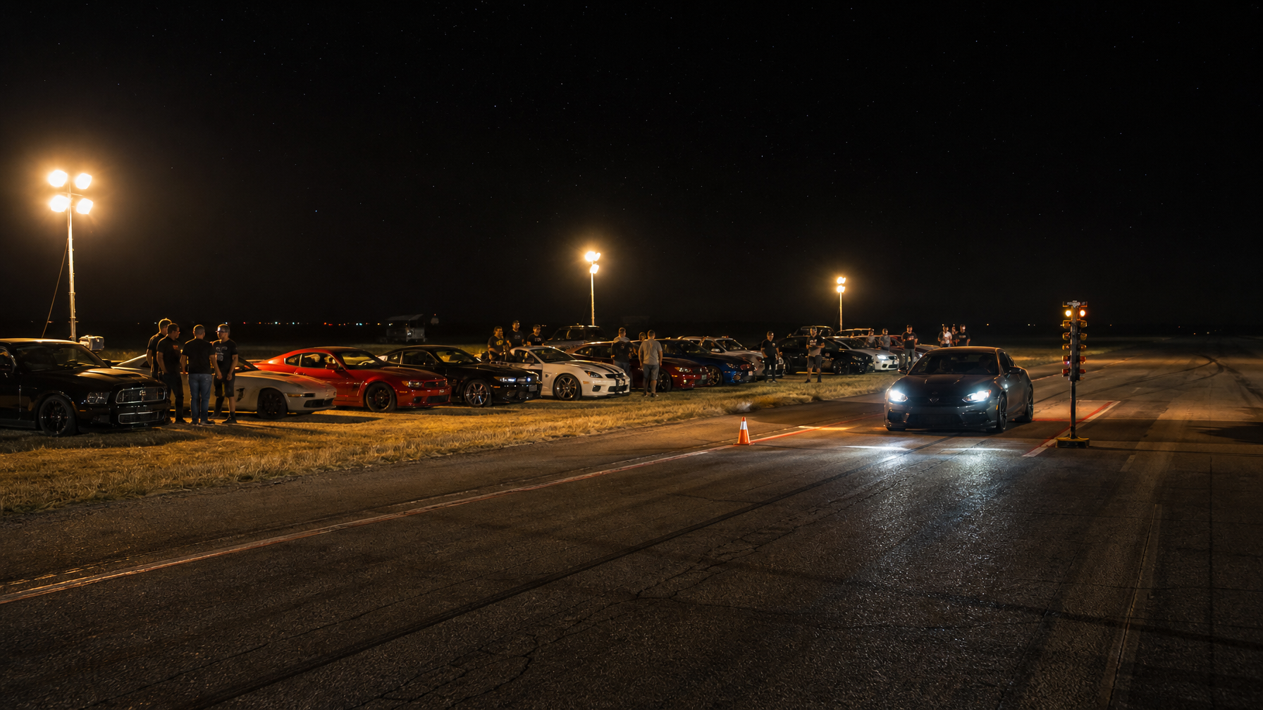 Rural Texas airstrip at night — private car event, organized group of enthusiasts