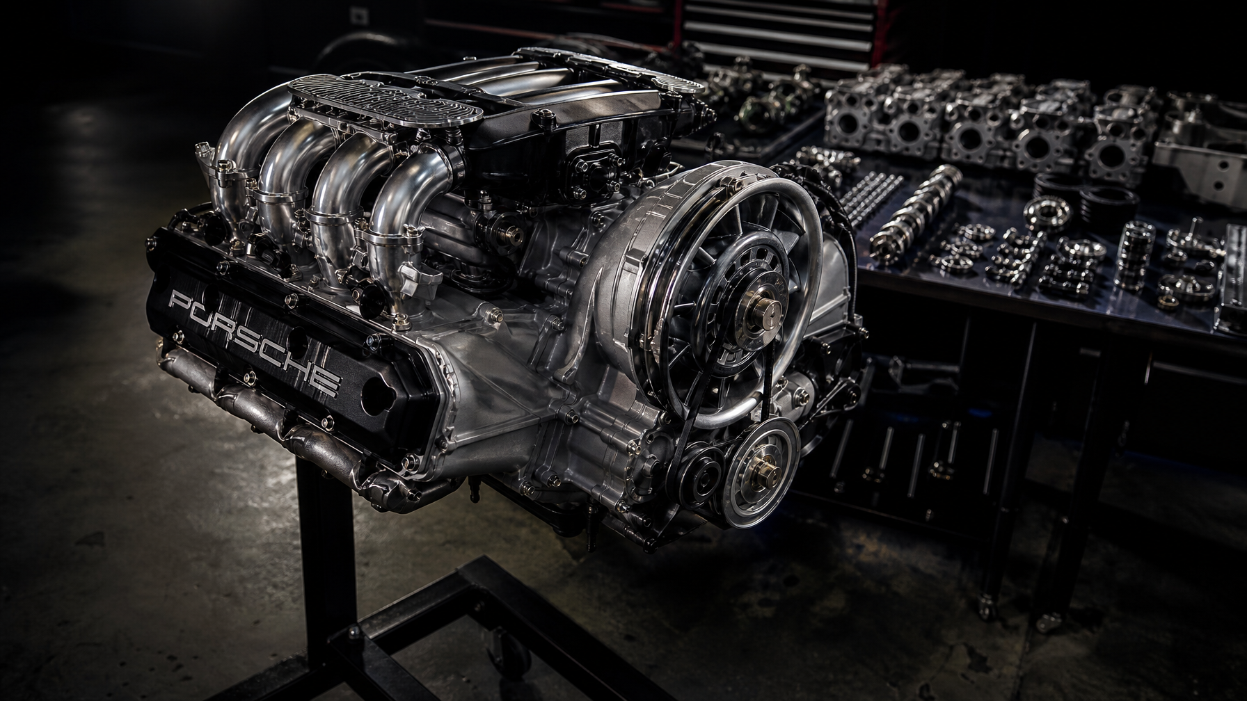 Porsche flat-six engine on engine stand — MA1 engine build Iron Ridge Motorsports