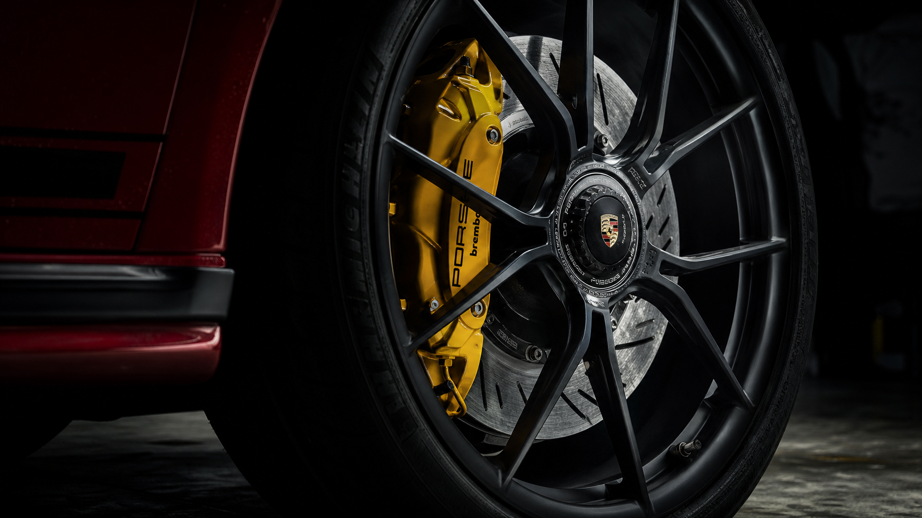 Porsche Sport Turbo Brembo caliper and slotted rotor — brake upgrades Houston TX