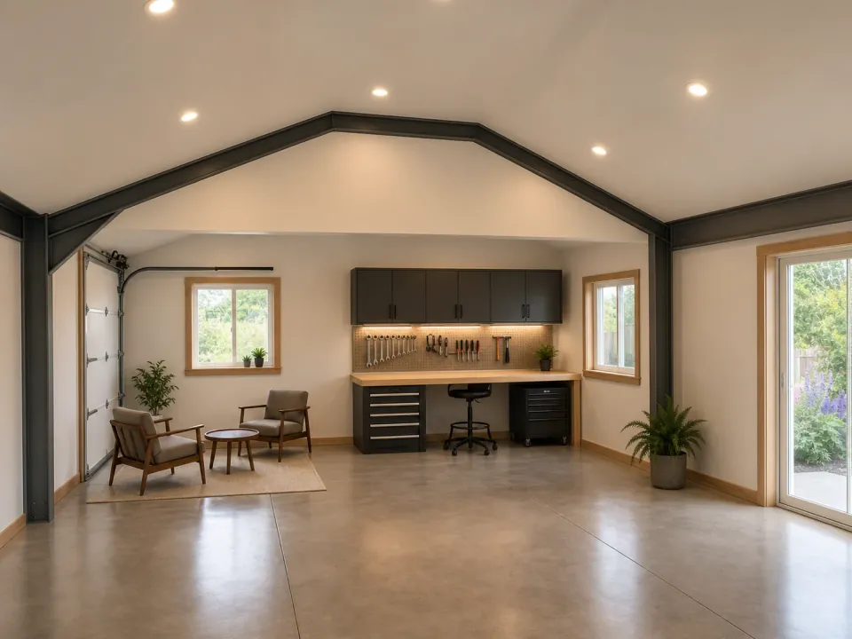 Concept visualization of the finished steel building interior as a workshop and lounge.