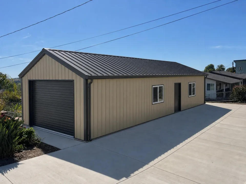 Concept visualization of the finished residential metal workshop with a roll-up garage door.