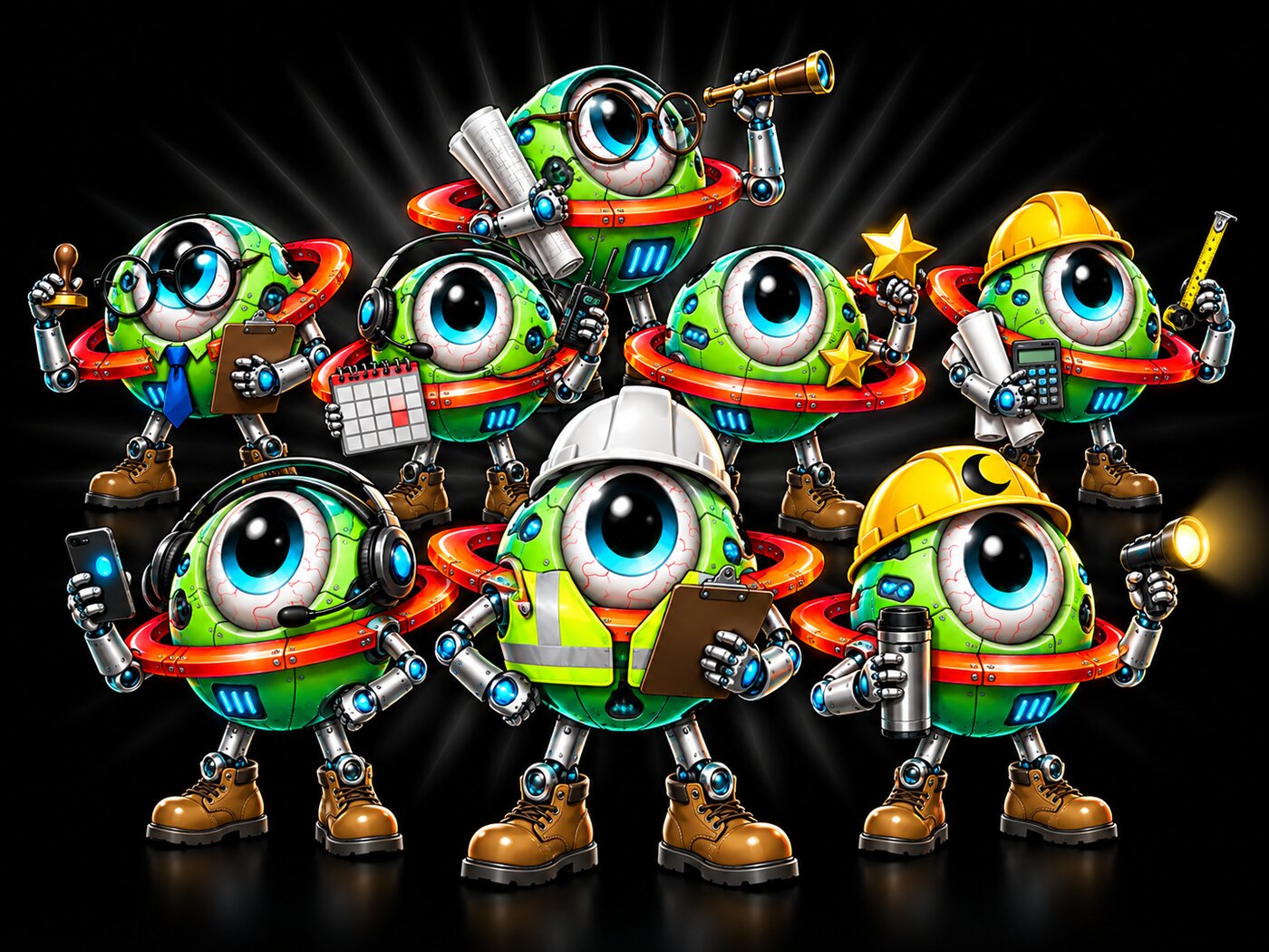 The eight Normies: glossy robot-planet workers in the Planet Norm style, Normio the chief in a white hard hat front and center