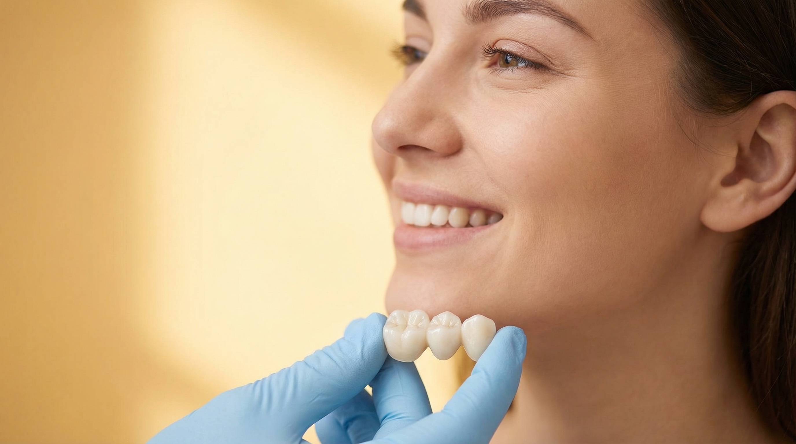 Dental bridge illustration showing pontic tooth supported by crowns on adjacent teeth