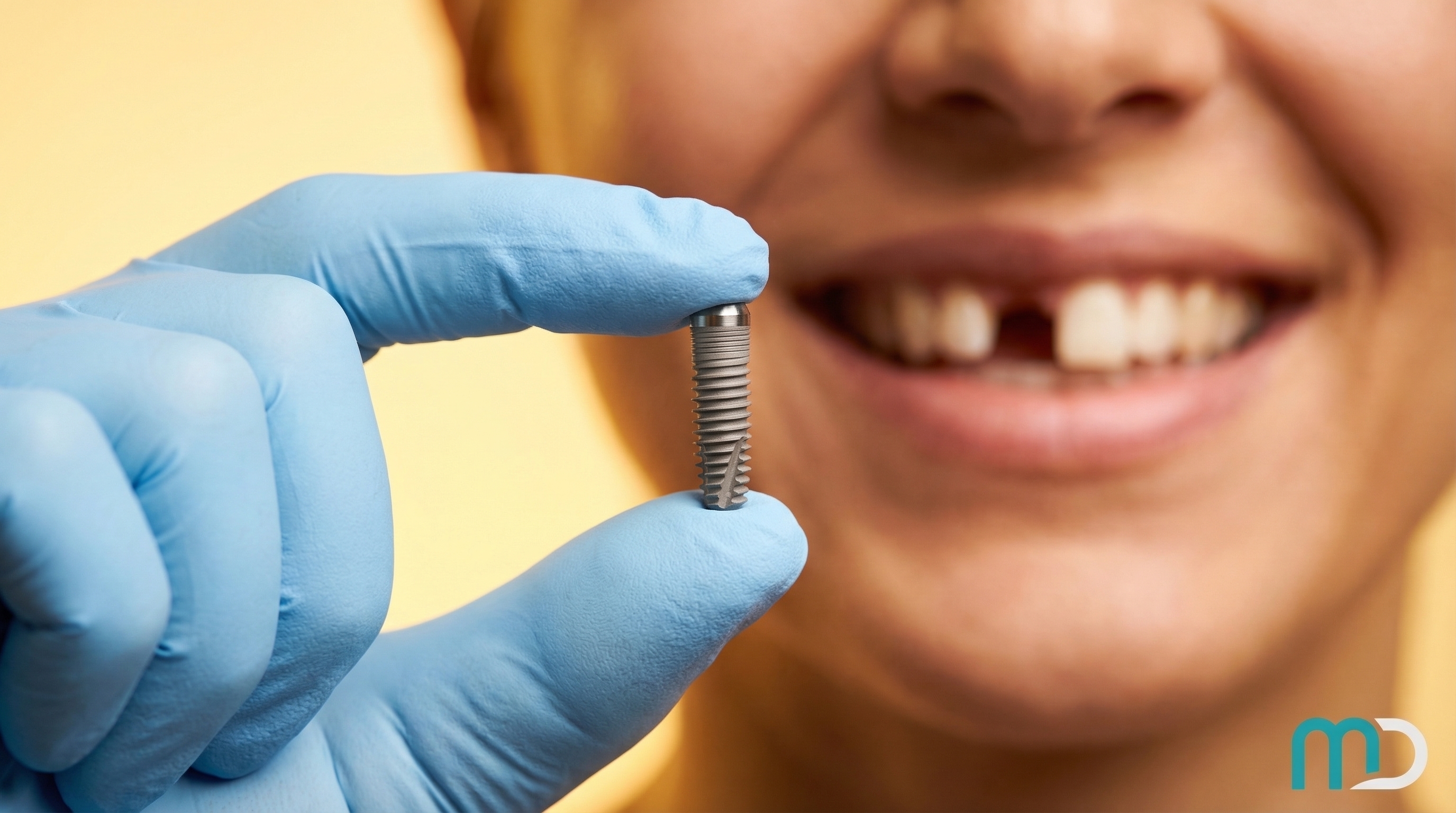 Single dental implant illustration showing titanium post abutment and crown at Meadowbrook Dental