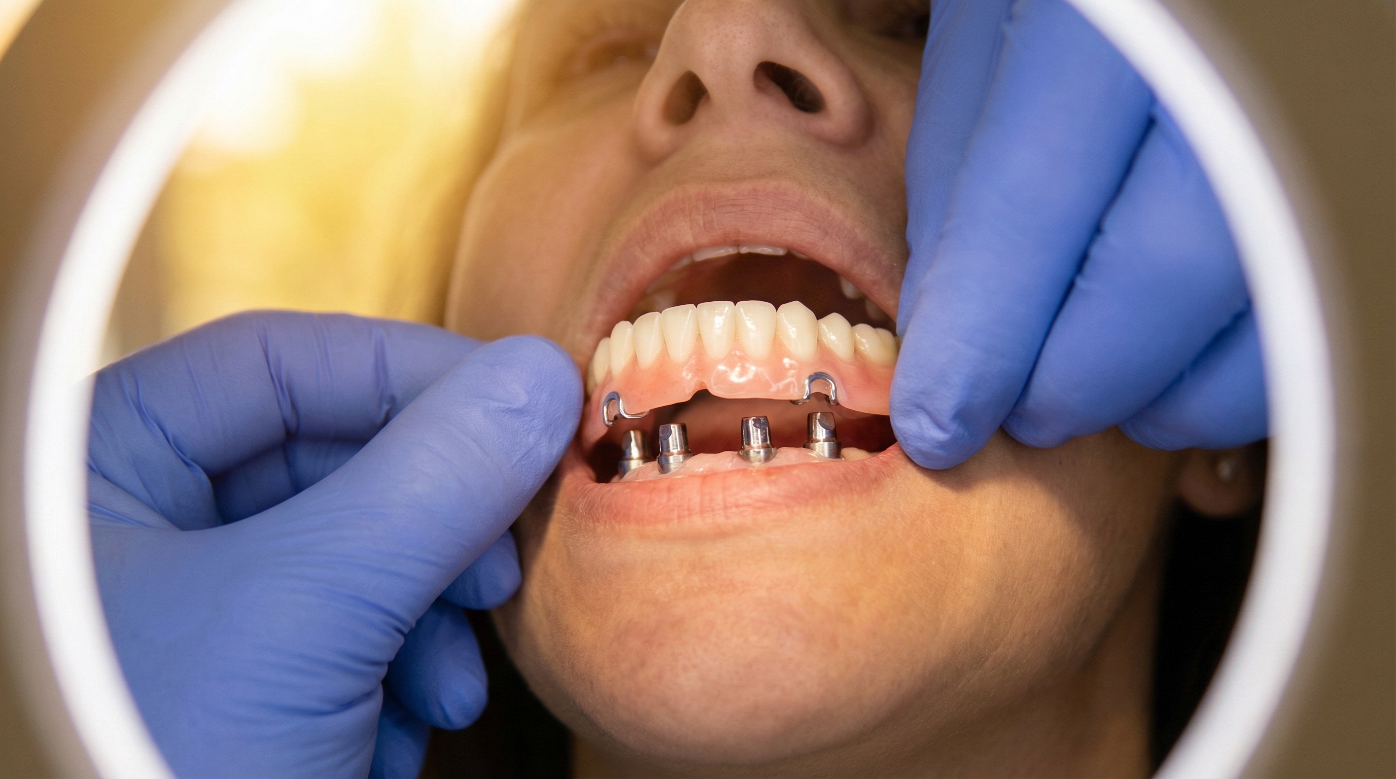 Implant-supported snap-in denture showing locator attachments at Meadowbrook Dental