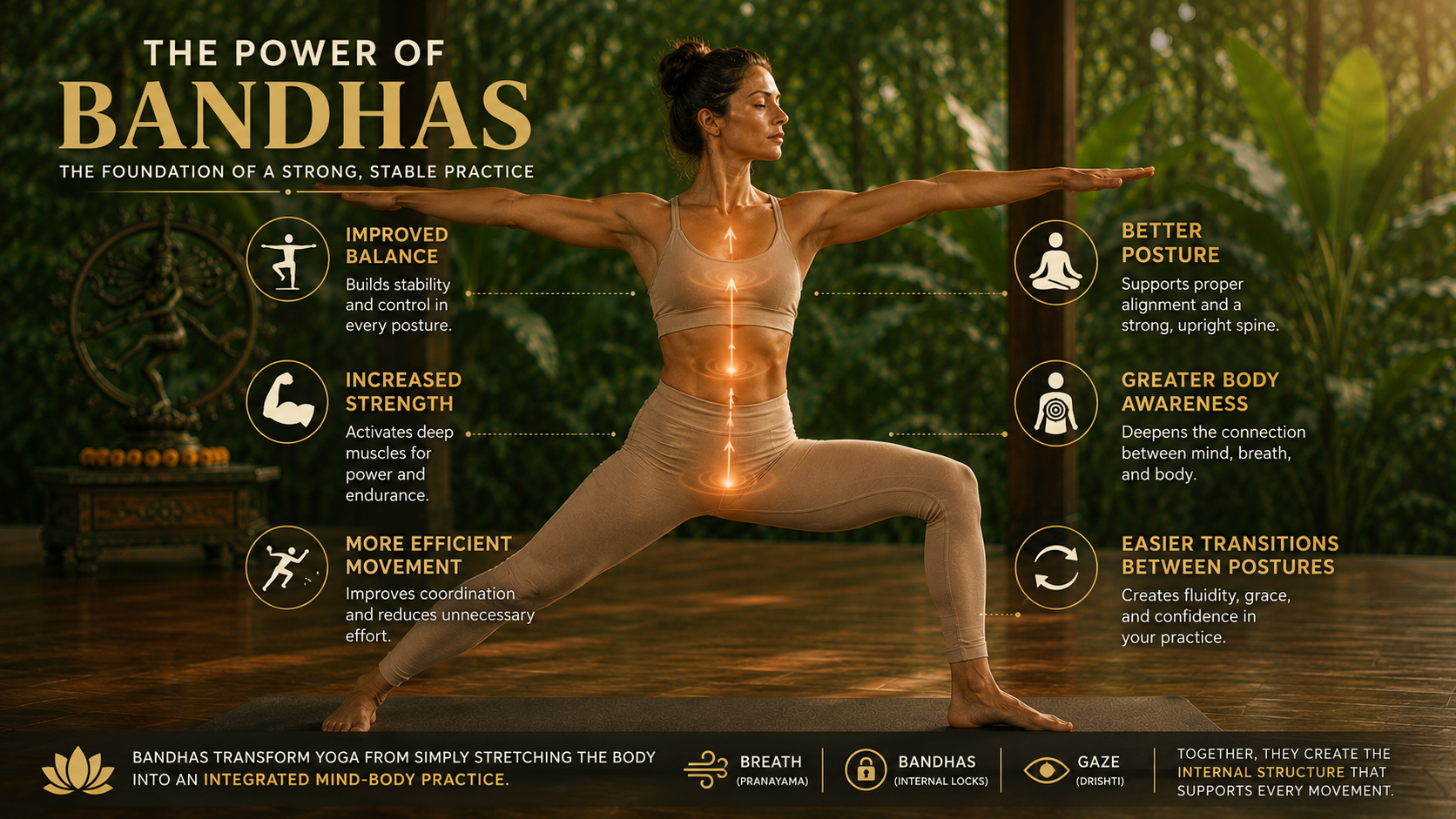 Educational infographic explaining how bandhas support Ashtanga Yoga practice
