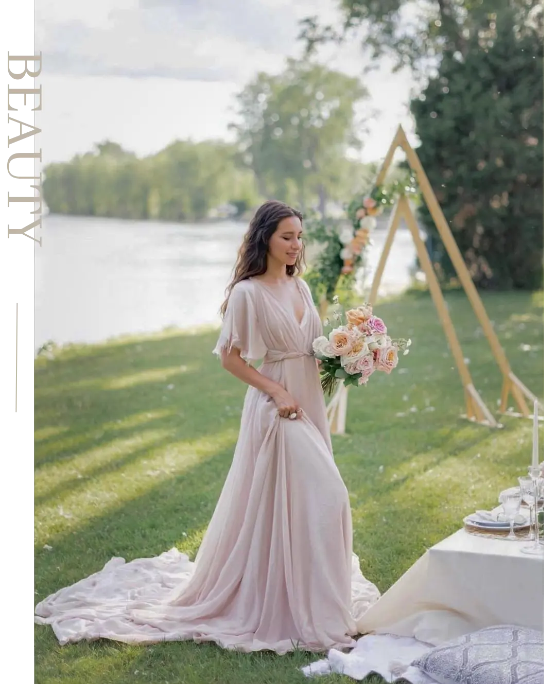 Bride holding a romantic bridal bouquet during an outdoor wedding ceremony in Montreal