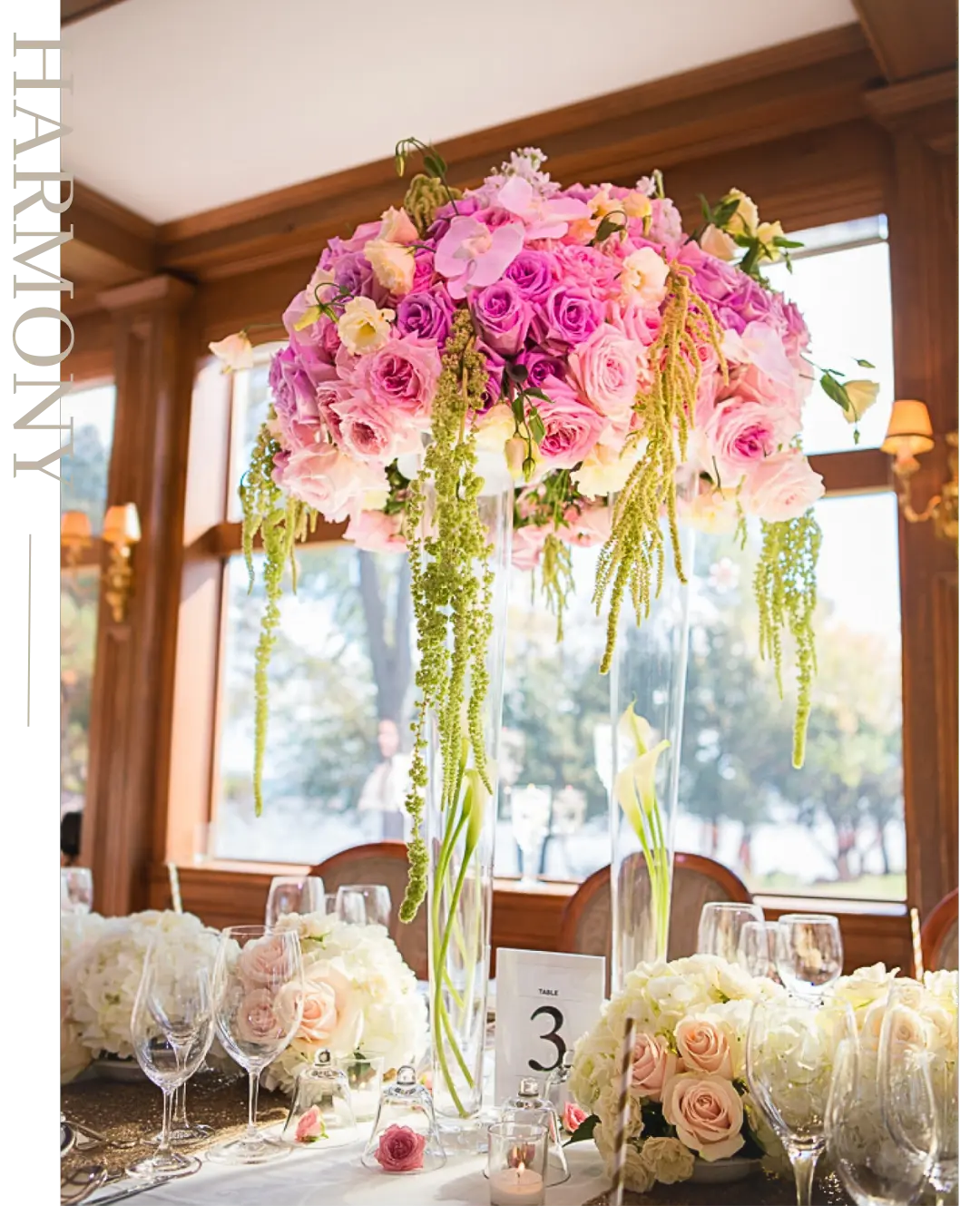 Tall wedding centerpiece with pink roses and cascading greenery for an elegant Montreal wedding venue
