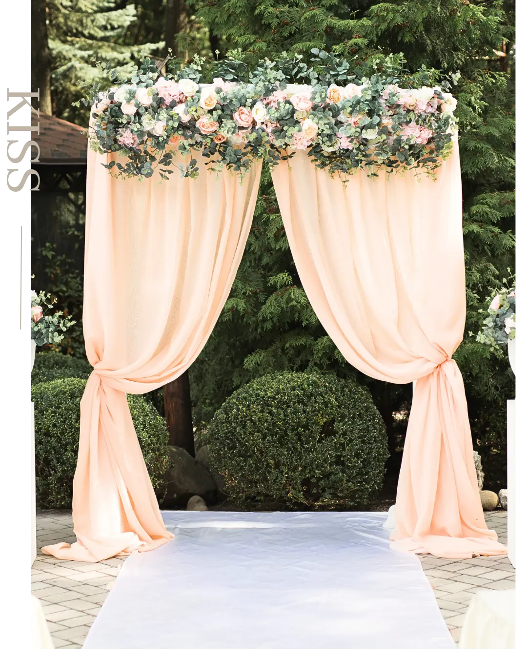 Outdoor wedding ceremony arch with soft blush draping and eucalyptus greenery, designed by a Montreal wedding florist