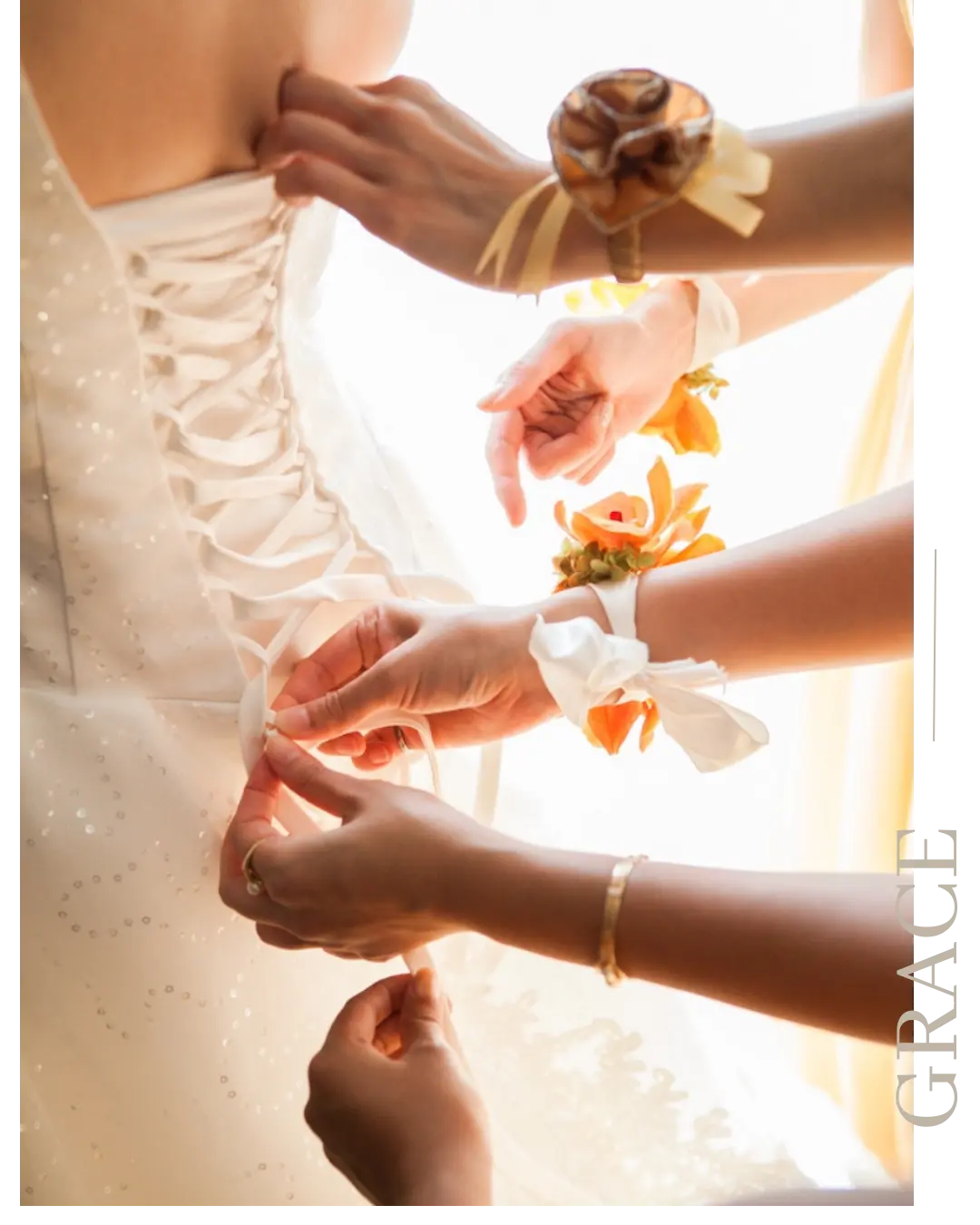 Close-up of bridal party helping lace a wedding dress during getting ready moments in Montreal