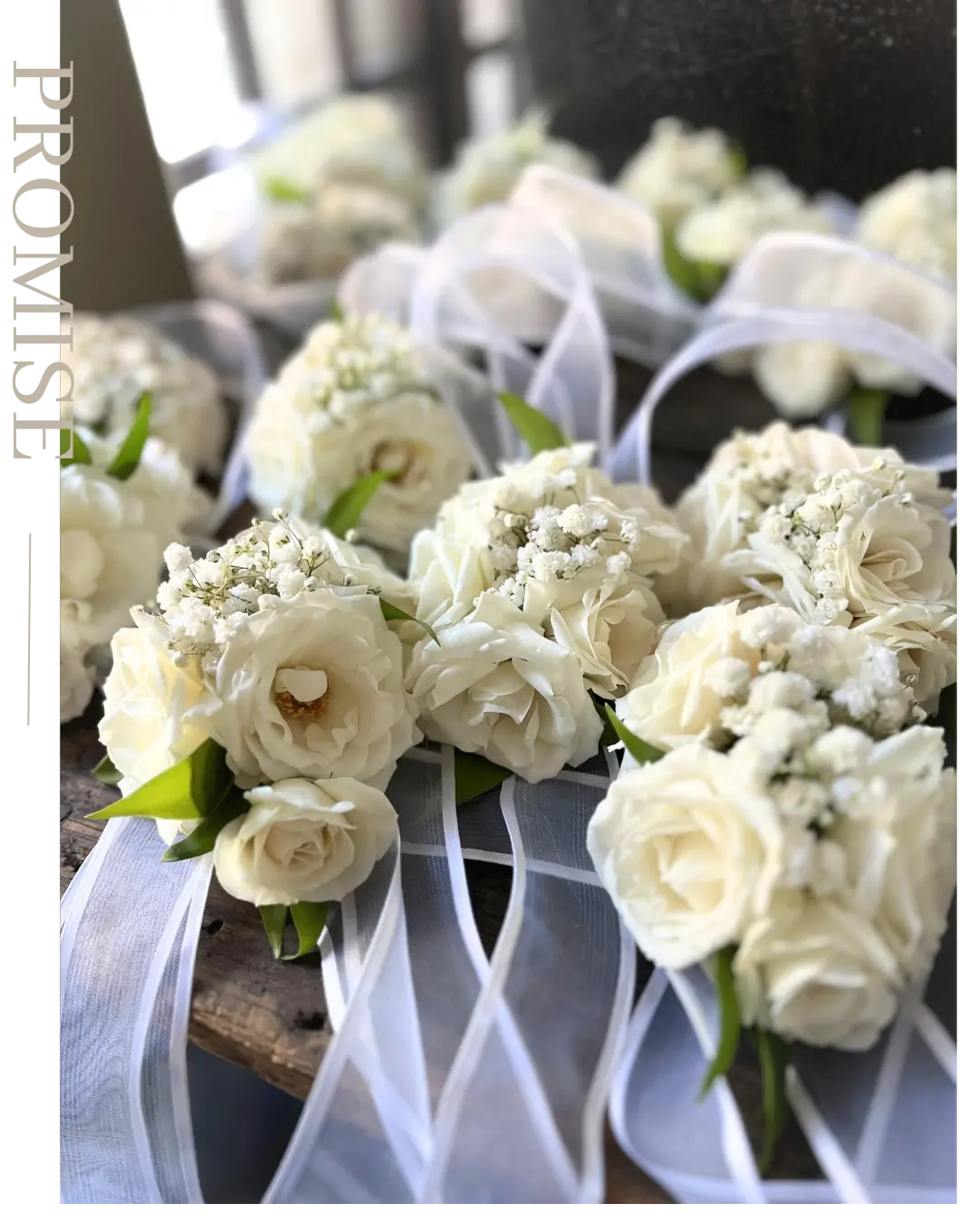 White floral wrist bracelets with soft ribbon, prepared for bridesmaids and family members at a Montreal wedding