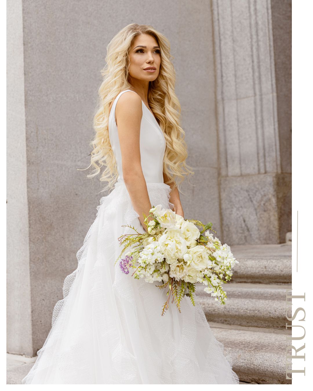 Bride and groom sharing a quiet moment with a natural bridal bouquet, photographed for a Montreal wedding