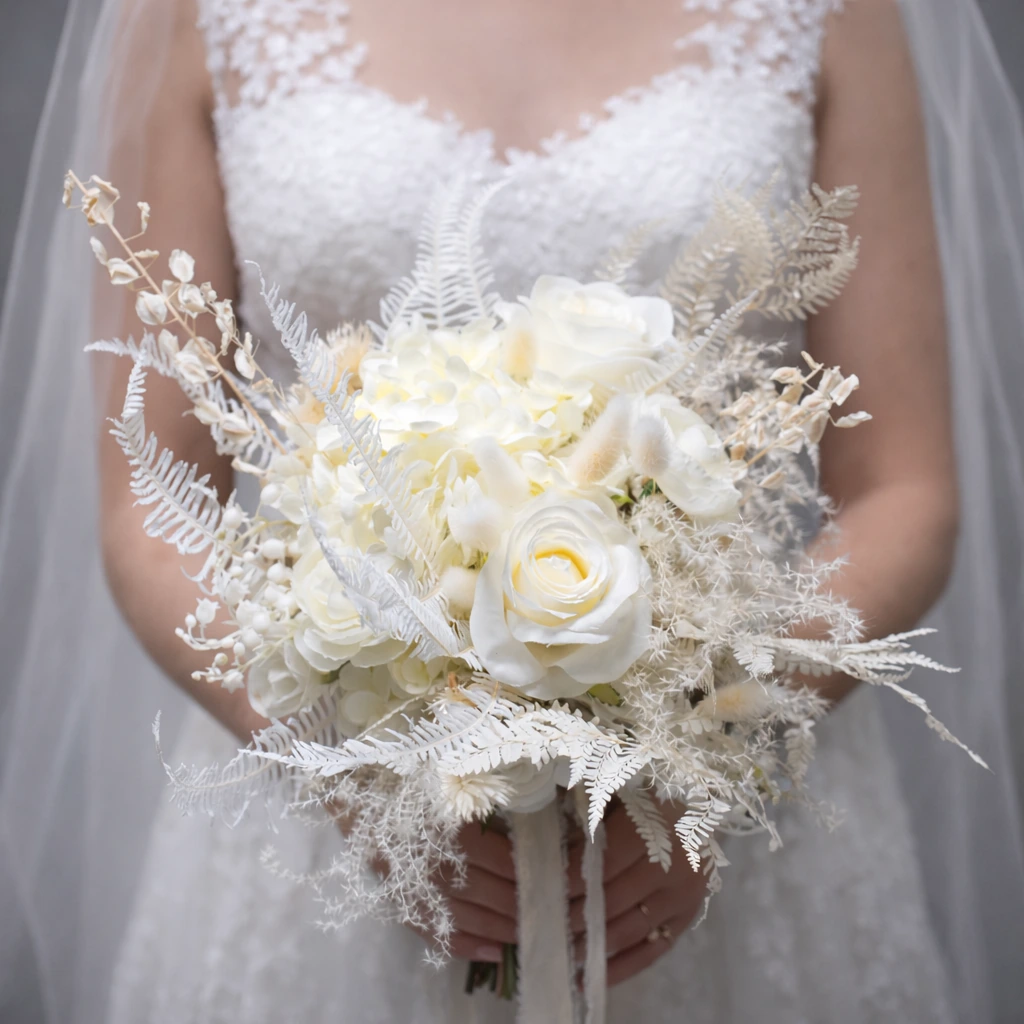 Bride holding an artificial white bridal bouquet with roses and fern-like foliage