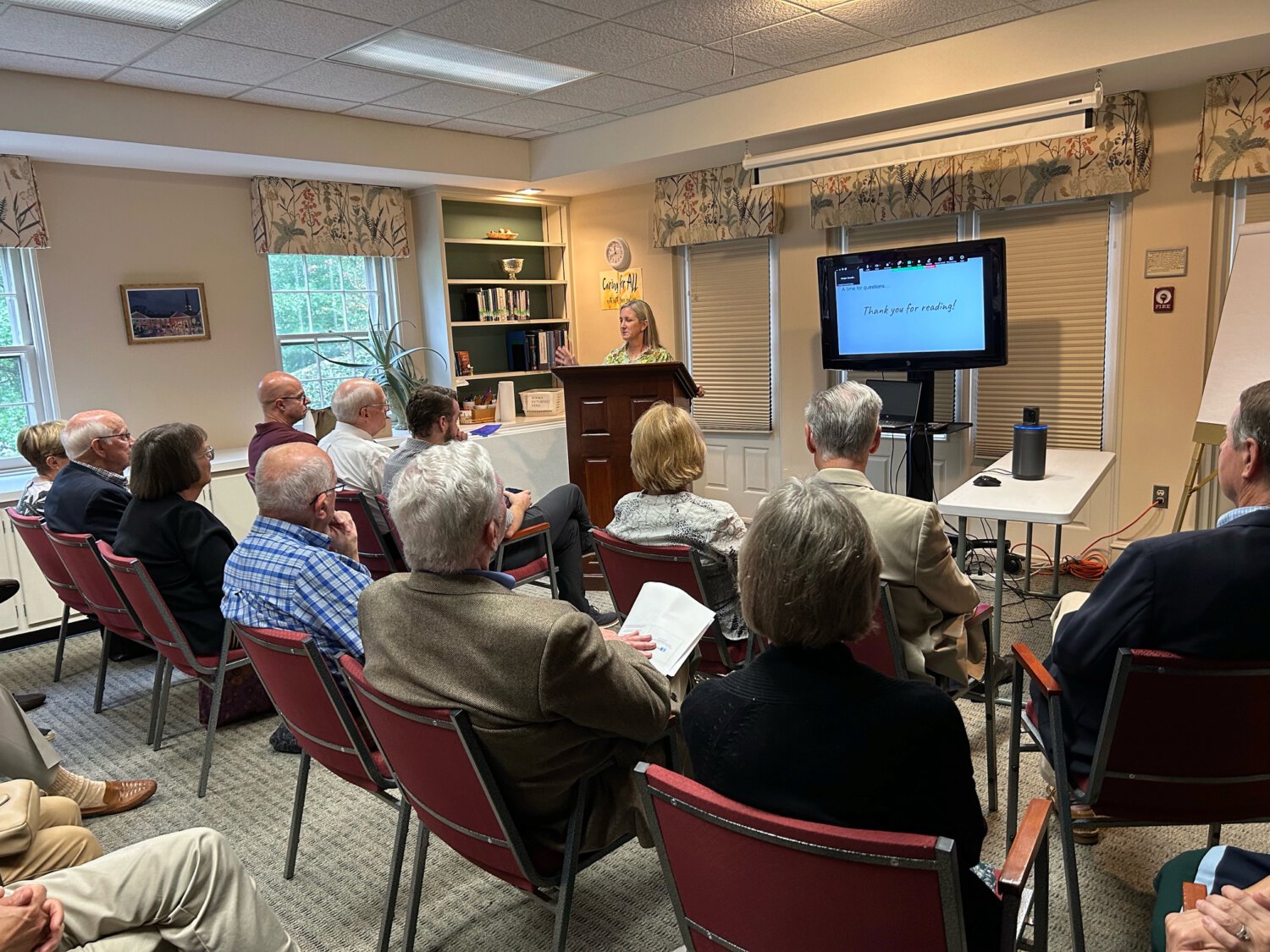 Members of the Adult Sunday School class gathered in the library at Potomac Presbyterian Church