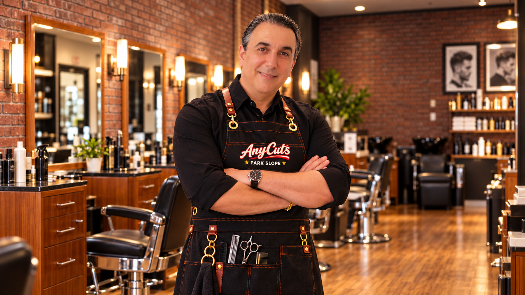 Lazar in the barbershop wearing Any Cuts Park Slope apron