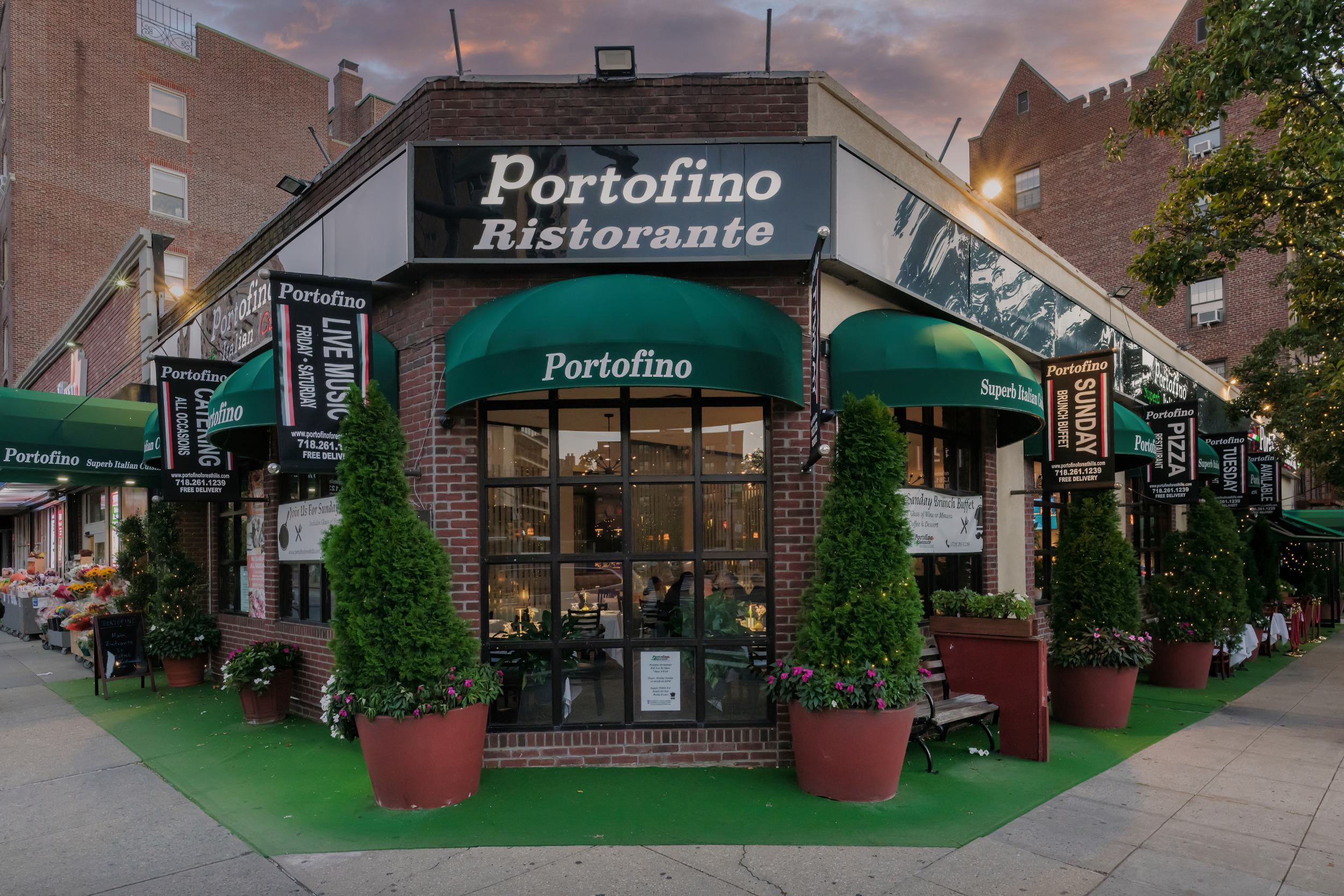 Portofino Ristorante storefront exterior on Ascan Avenue, Forest Hills, Queens NY
