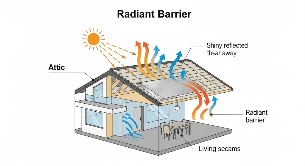Diagram showing how radiant barrier reflects heat from the roof back upward before it enters the attic Diagram showing how radiant barrier reflects heat from the roof back upward before it enters the attic