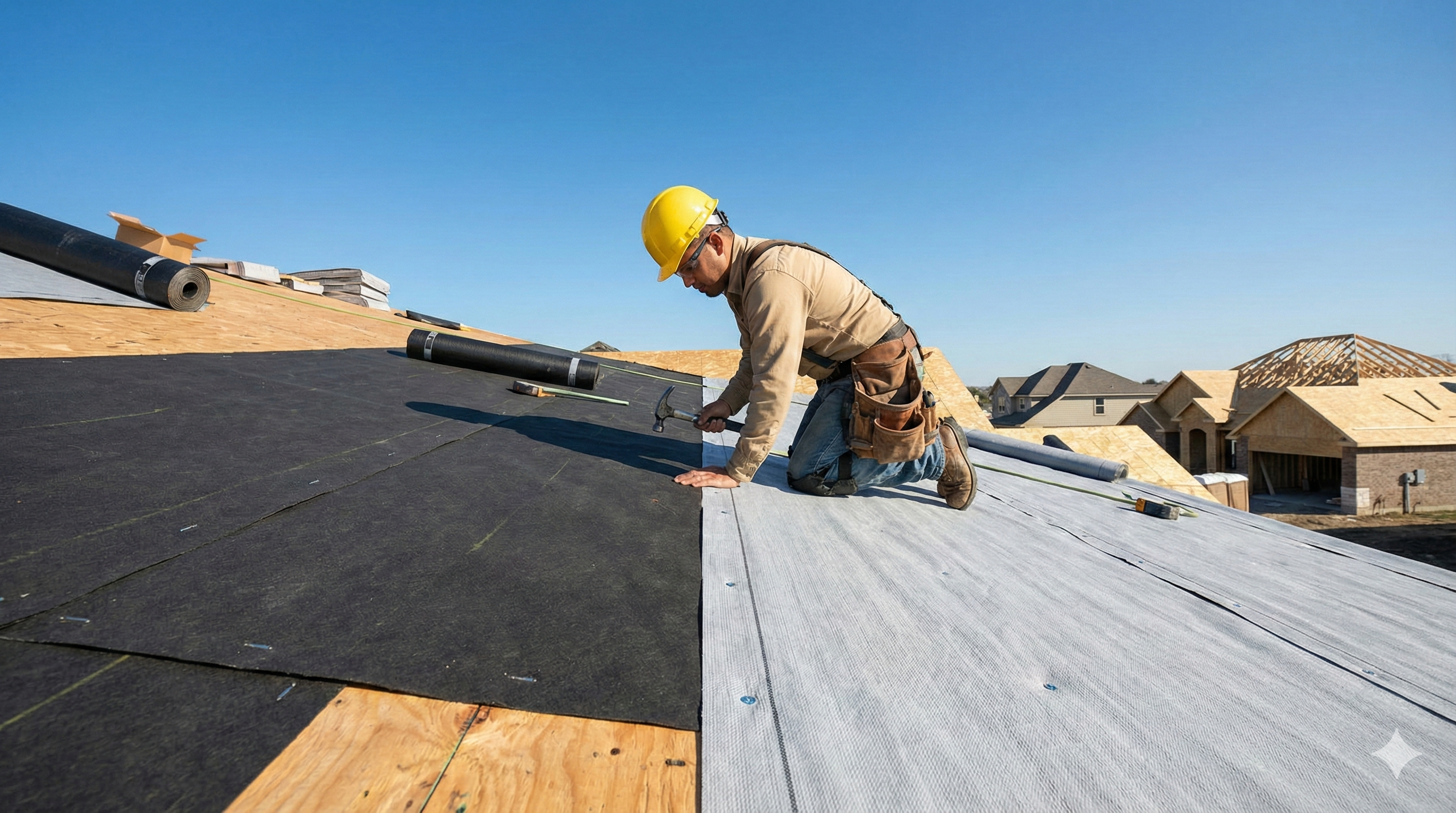 Residential roof showing felt underlayment on one side and synthetic underlayment on the other during installation