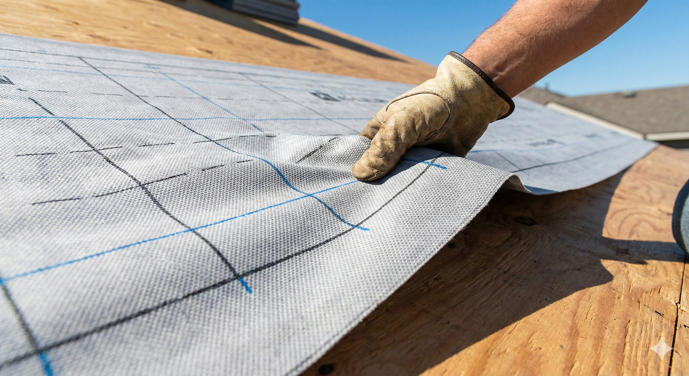 Close up of synthetic roof underlayment showing woven polypropylene texture on a roof deck