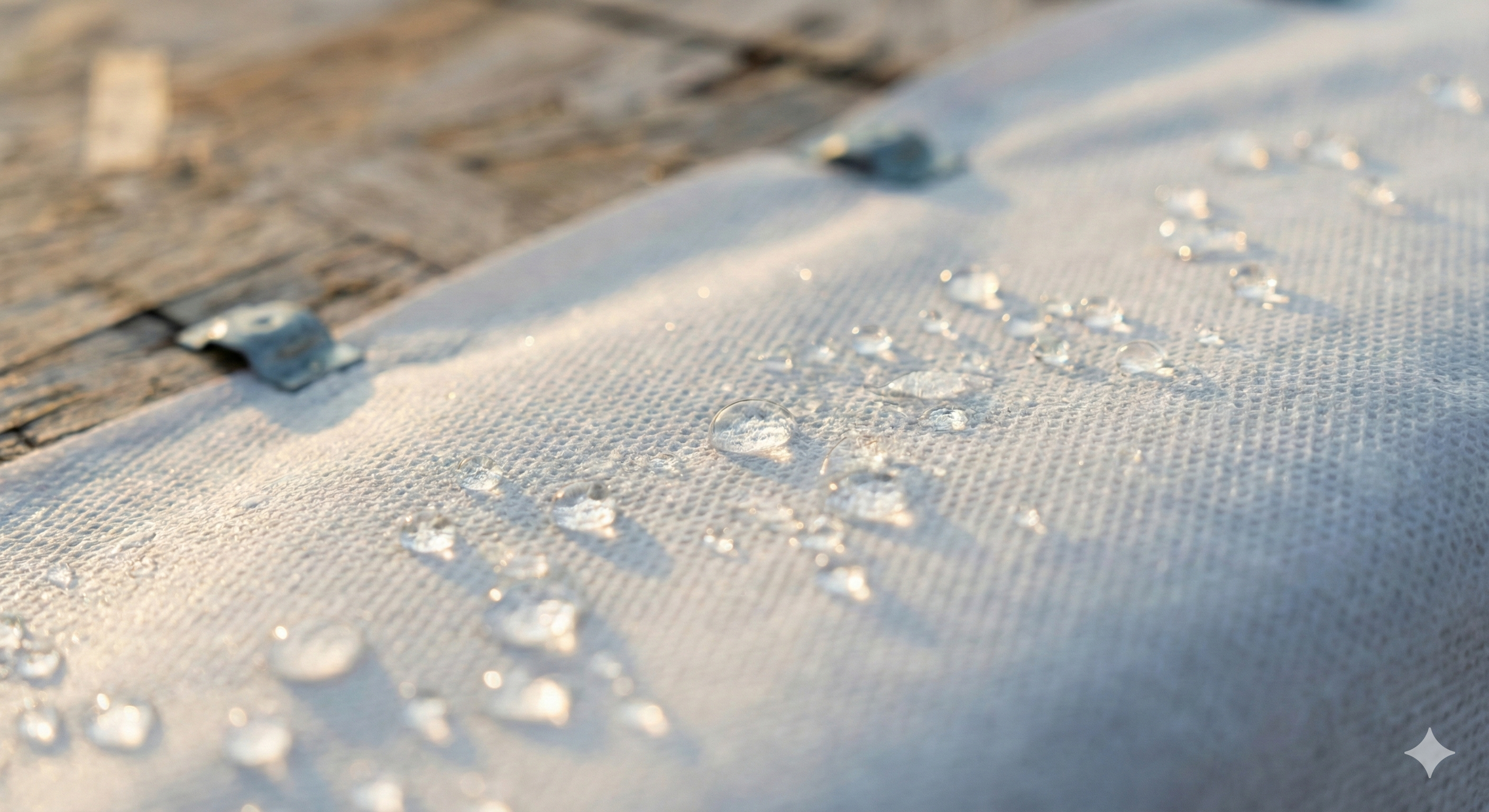 Water droplets beading and rolling off house wrap surface showing moisture resistance