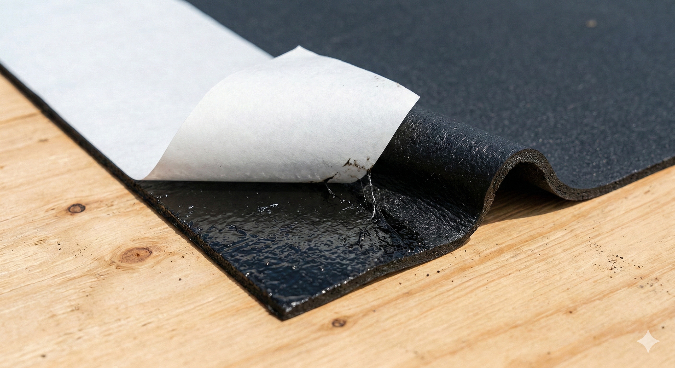 Close up of ice and water shield membrane showing the self adhesive backing and release film Close up of ice and water shield membrane showing the self adhesive backing and release film