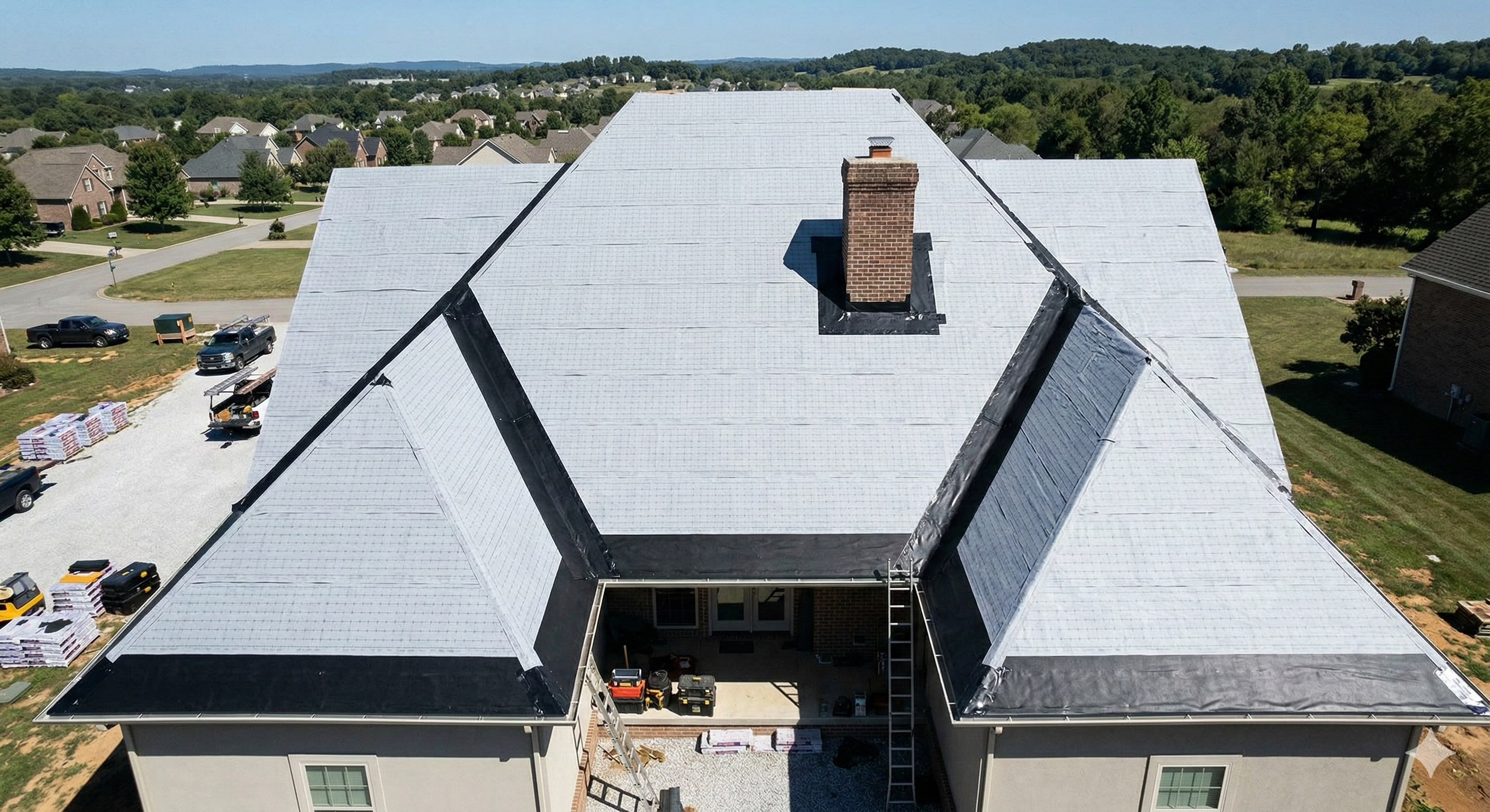 Aerial view of a roof showing ice and water shield in valleys and eaves with synthetic underlayment on the rest of the deck Aerial view of a roof showing ice and water shield in valleys and eaves with synthetic underlayment on the rest of the deck