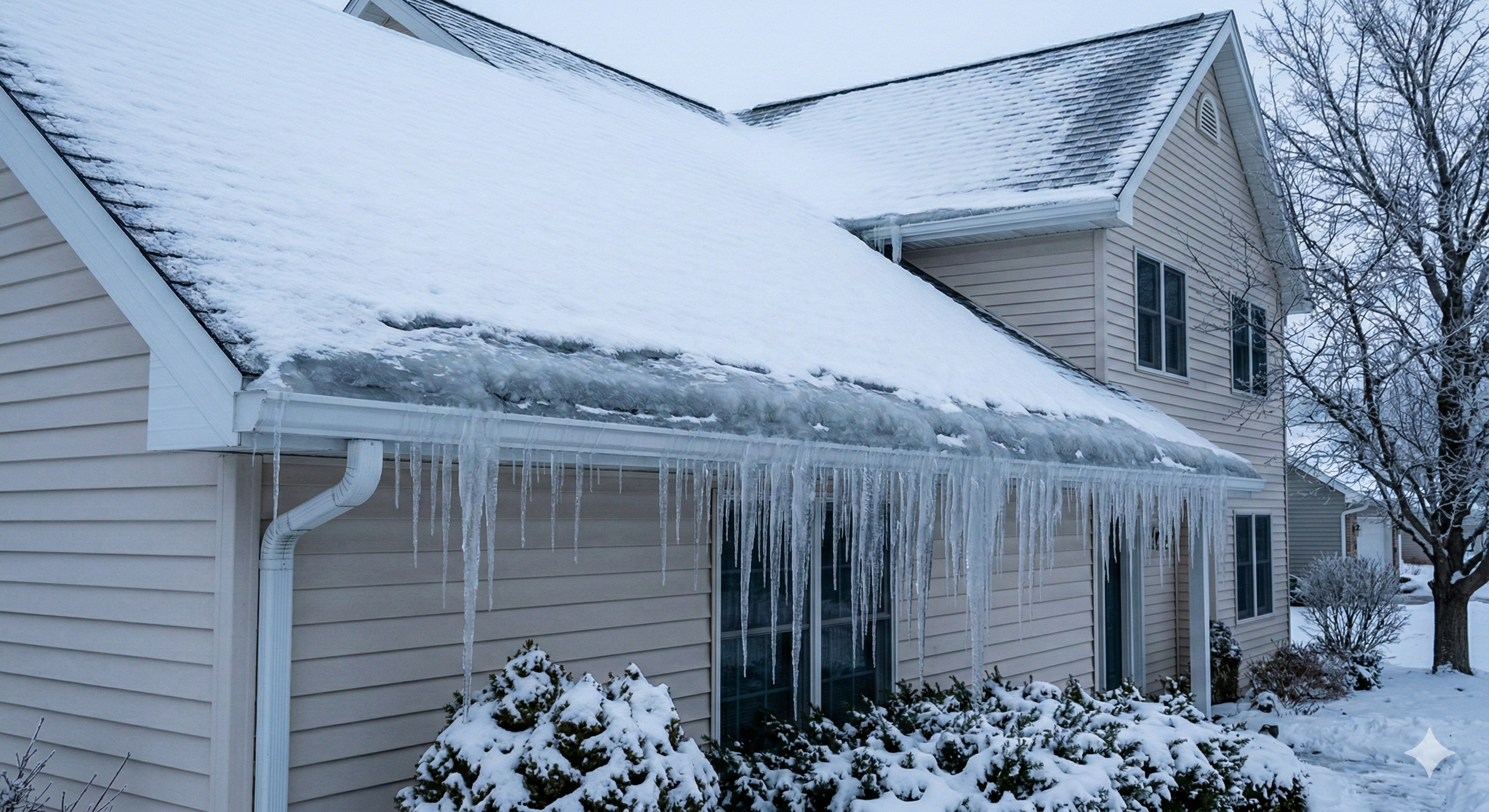 Ice dams forming along the eave of a residential roof in winter with icicles on the gutter Ice dams forming along the eave of a residential roof in winter with icicles on the gutter