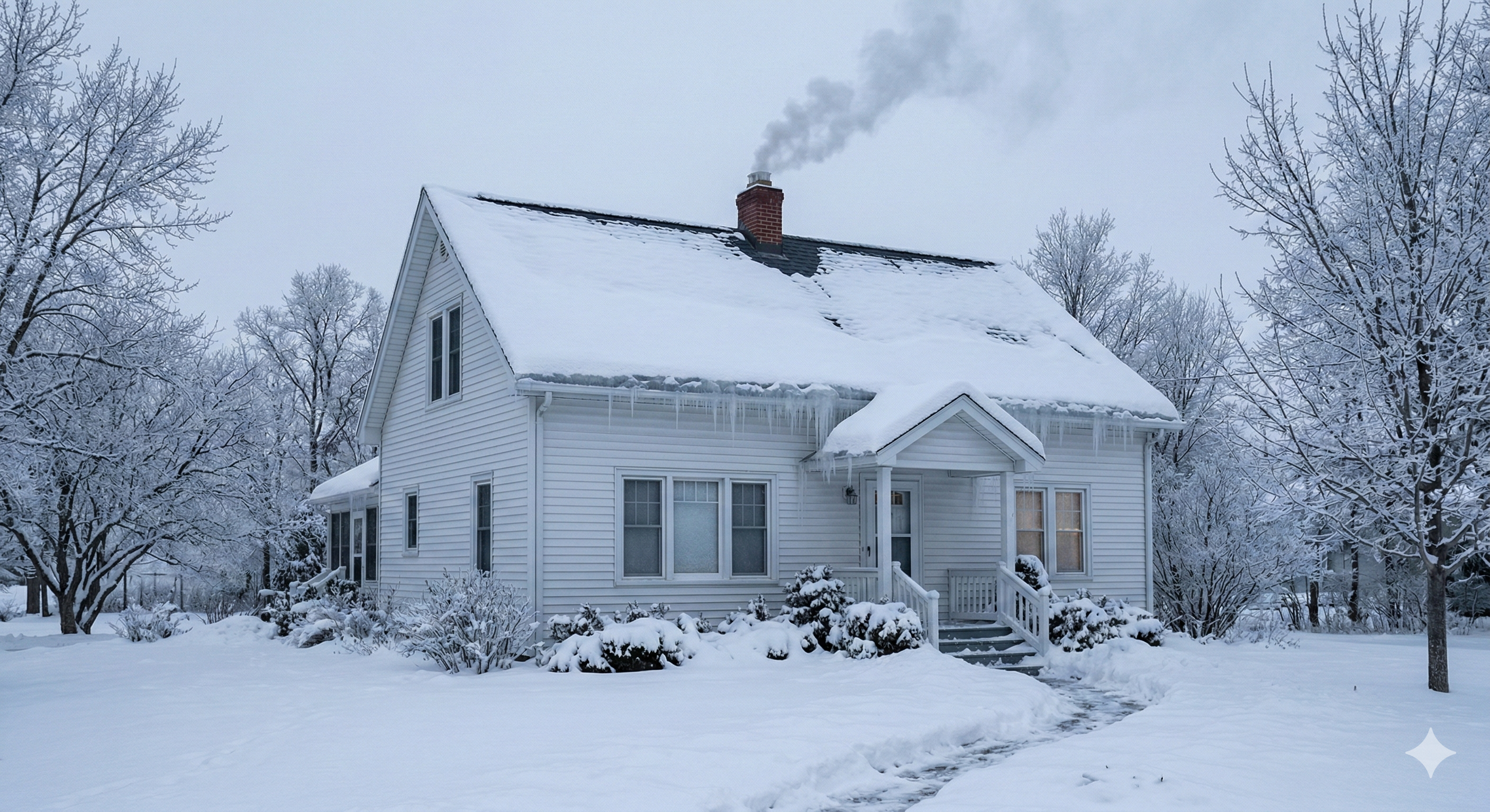 Home in a cold snowy climate with ice buildup along the eaves where ice and water shield is critical