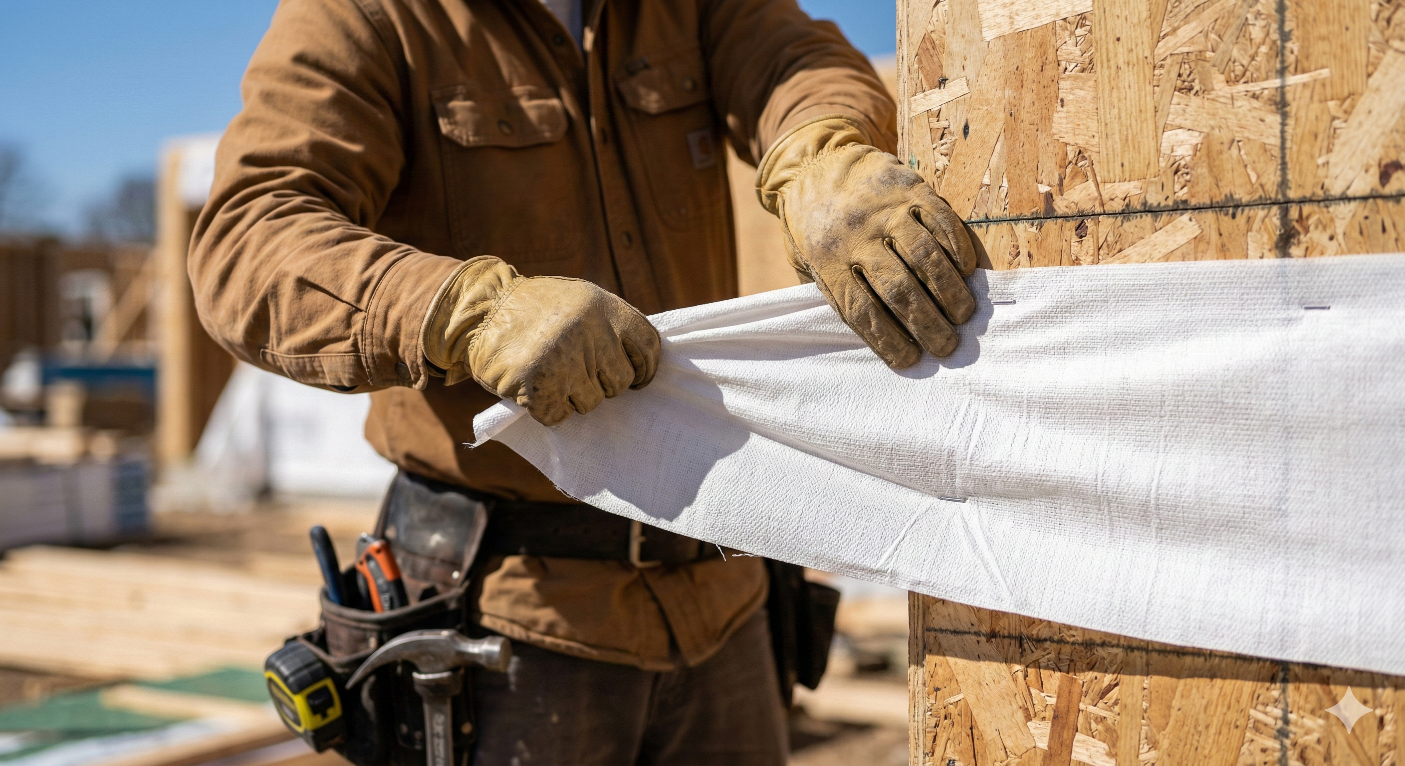 Contractor pulling house wrap taut against wall sheathing showing the tear resistant woven material