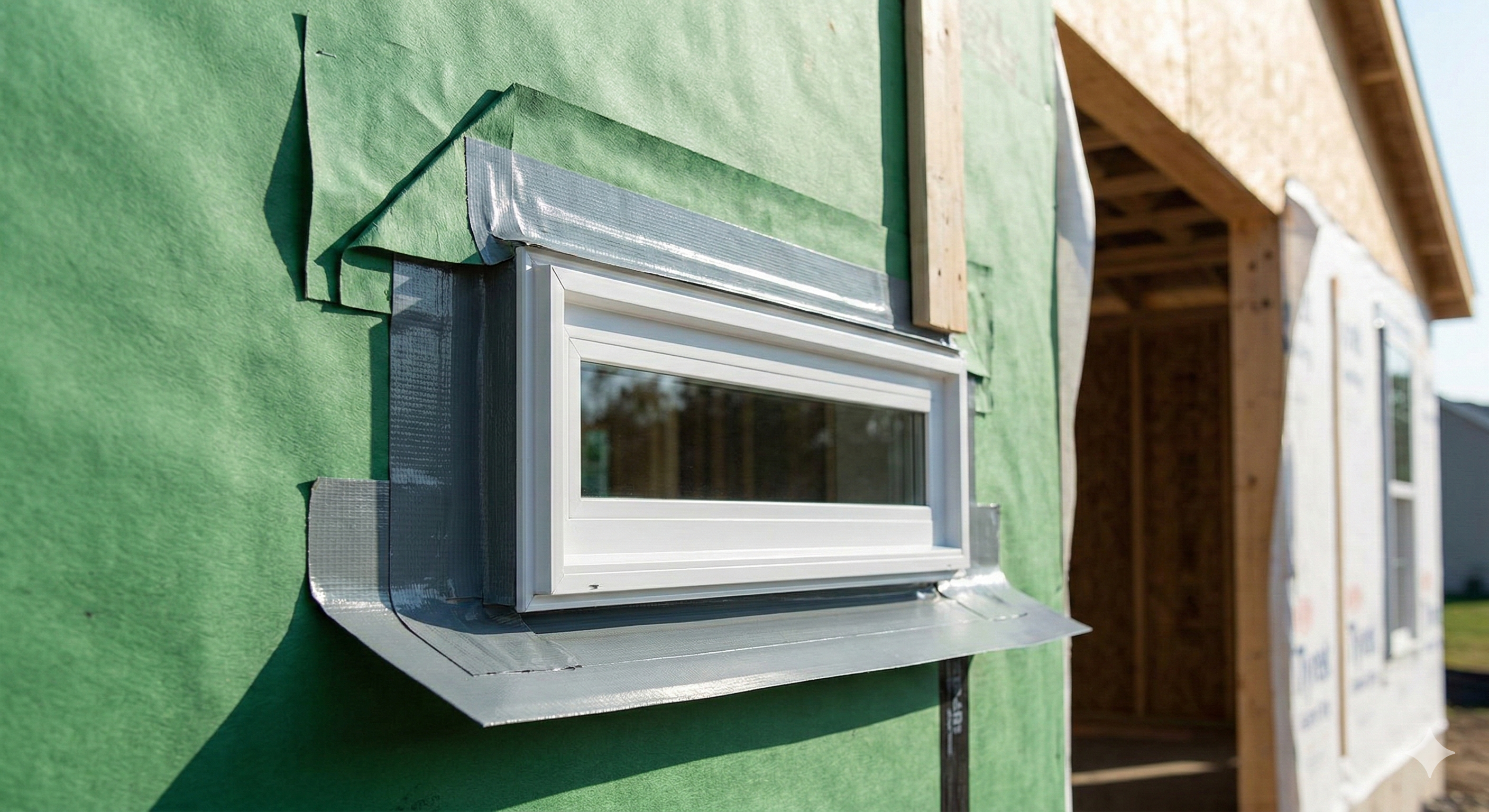 Proper house wrap and flashing tape installation around a window opening during construction