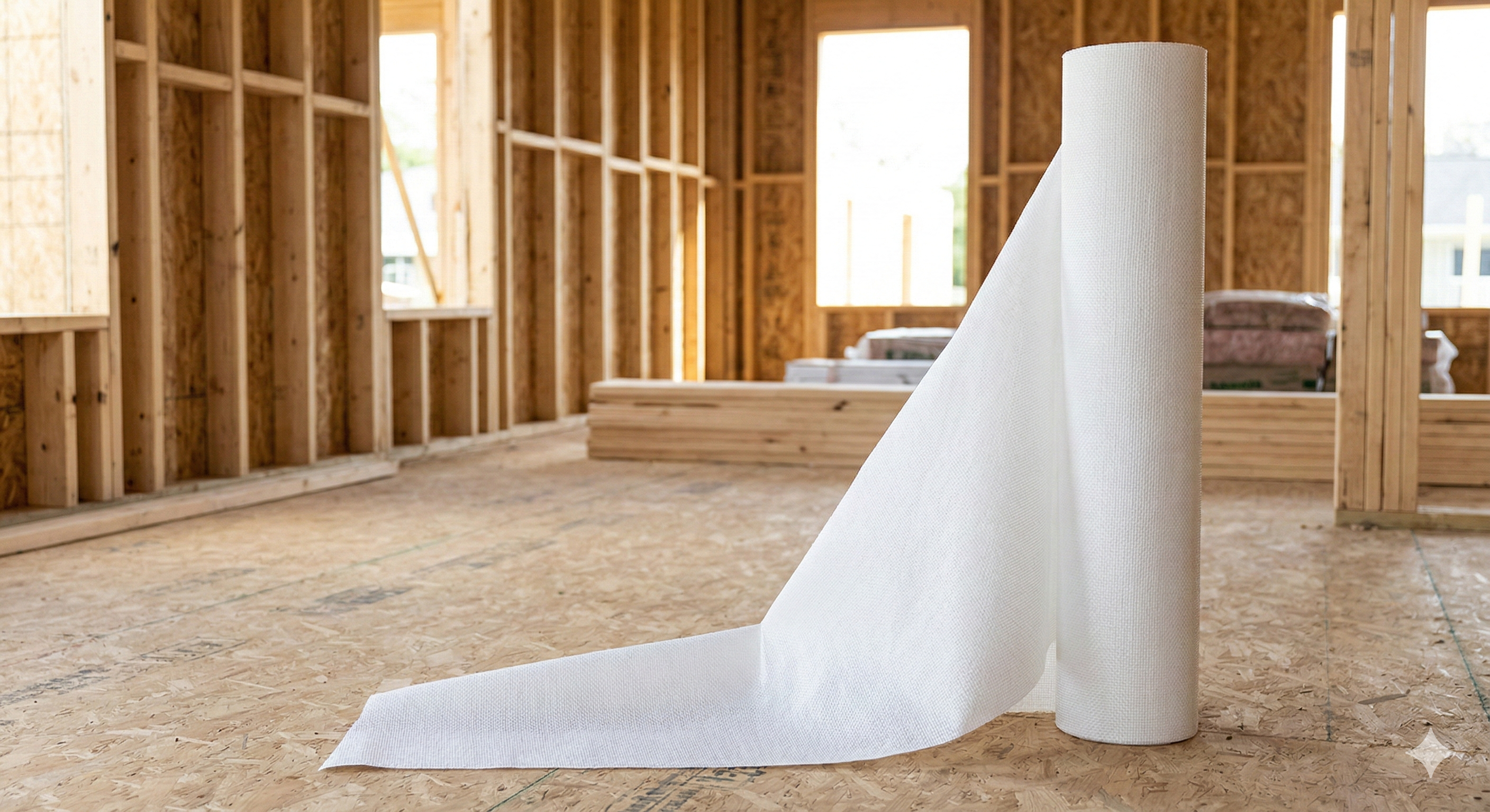 Roll of BCP WrapSecure house wrap at a construction site ready for installation