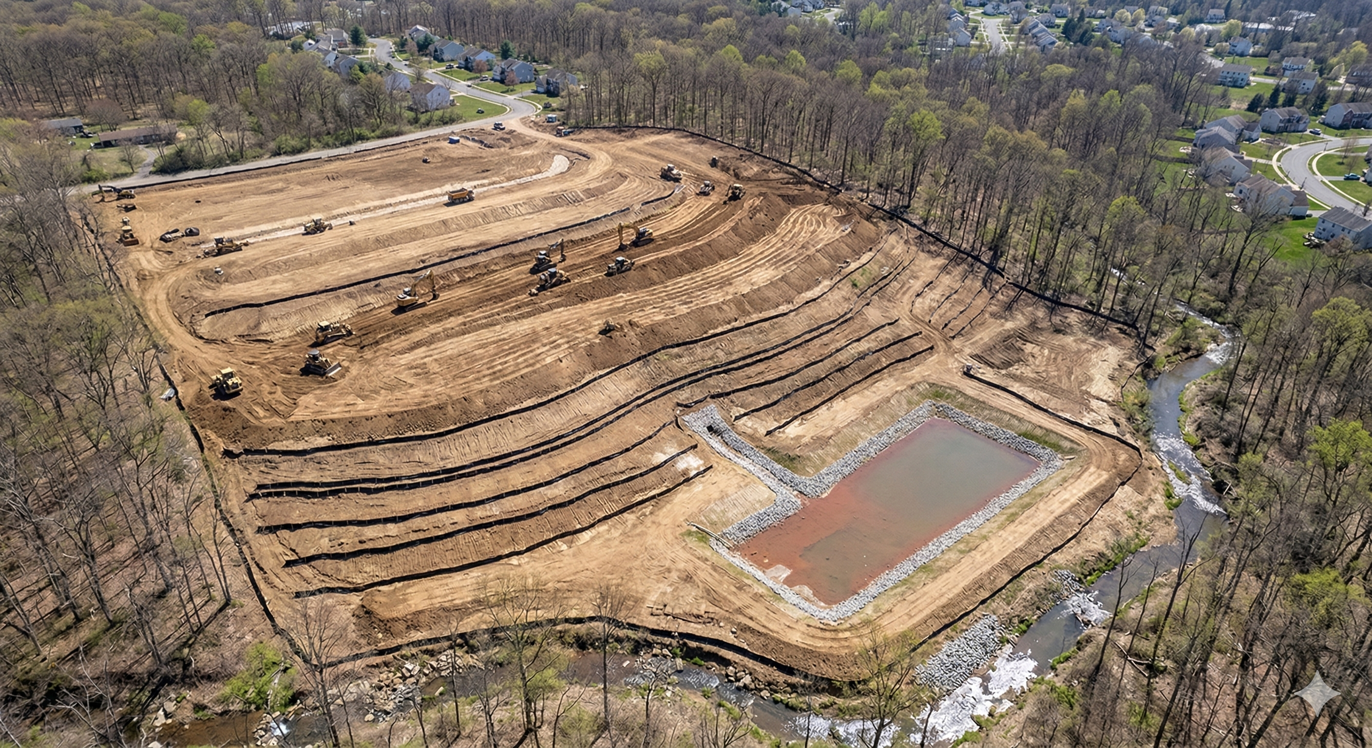 Aerial view of a construction site with silt fence installed for sediment and erosion control Aerial view of a construction site with silt fence installed for sediment and erosion control