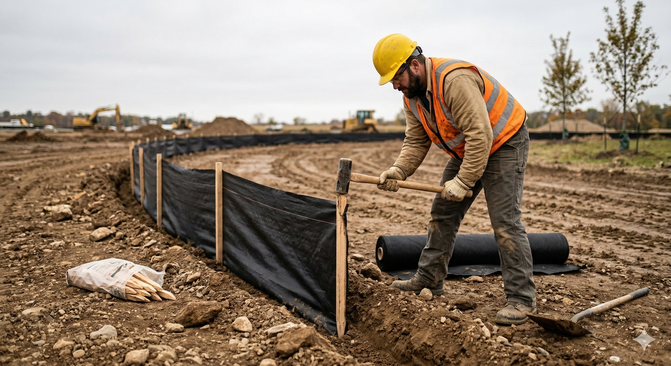 Construction worker driving stakes into the ground during silt fence installation Construction worker driving stakes into the ground during silt fence installation