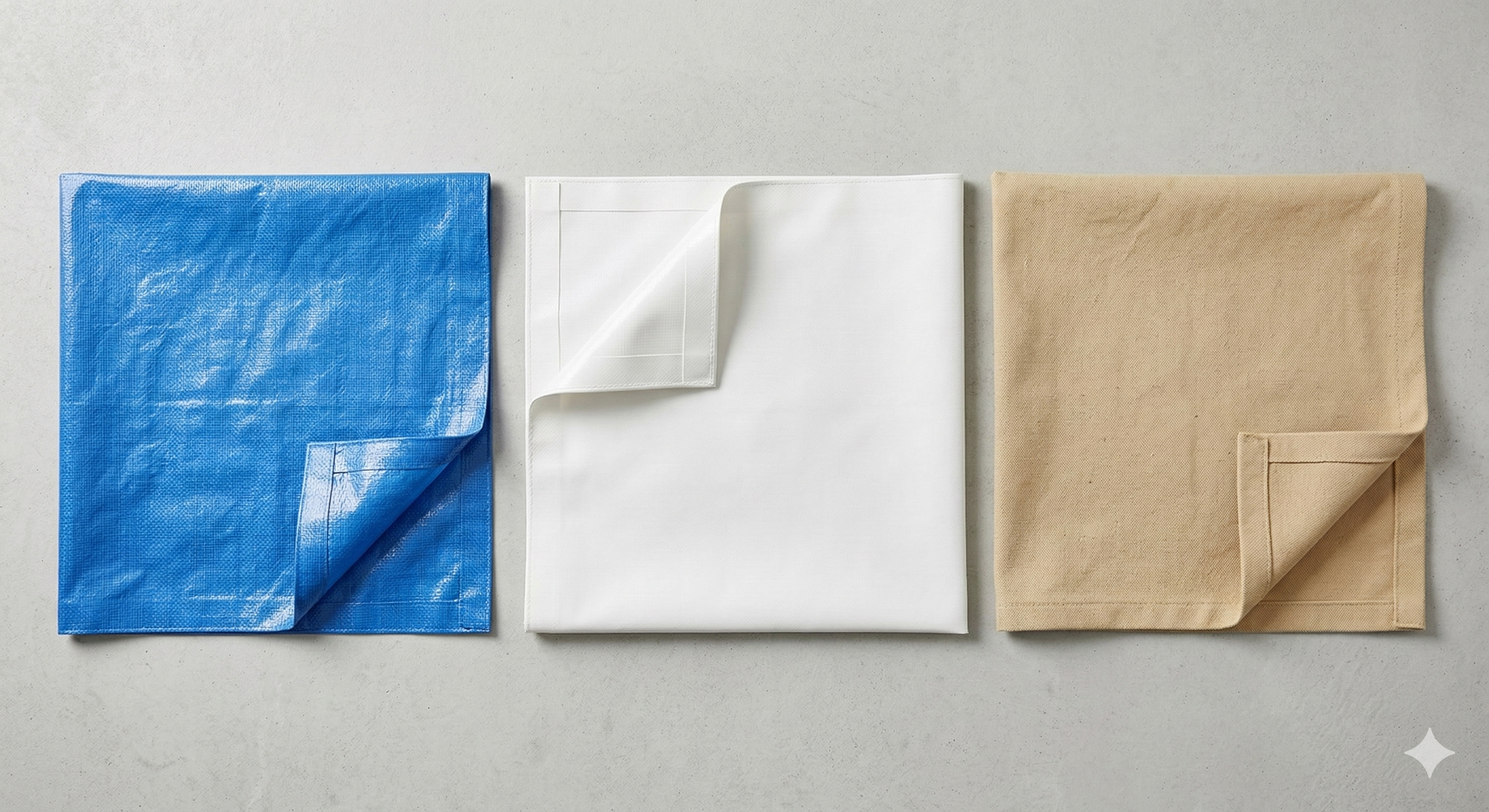 Three types of tarpaulin material polyethylene vinyl and canvas showing different textures and weights