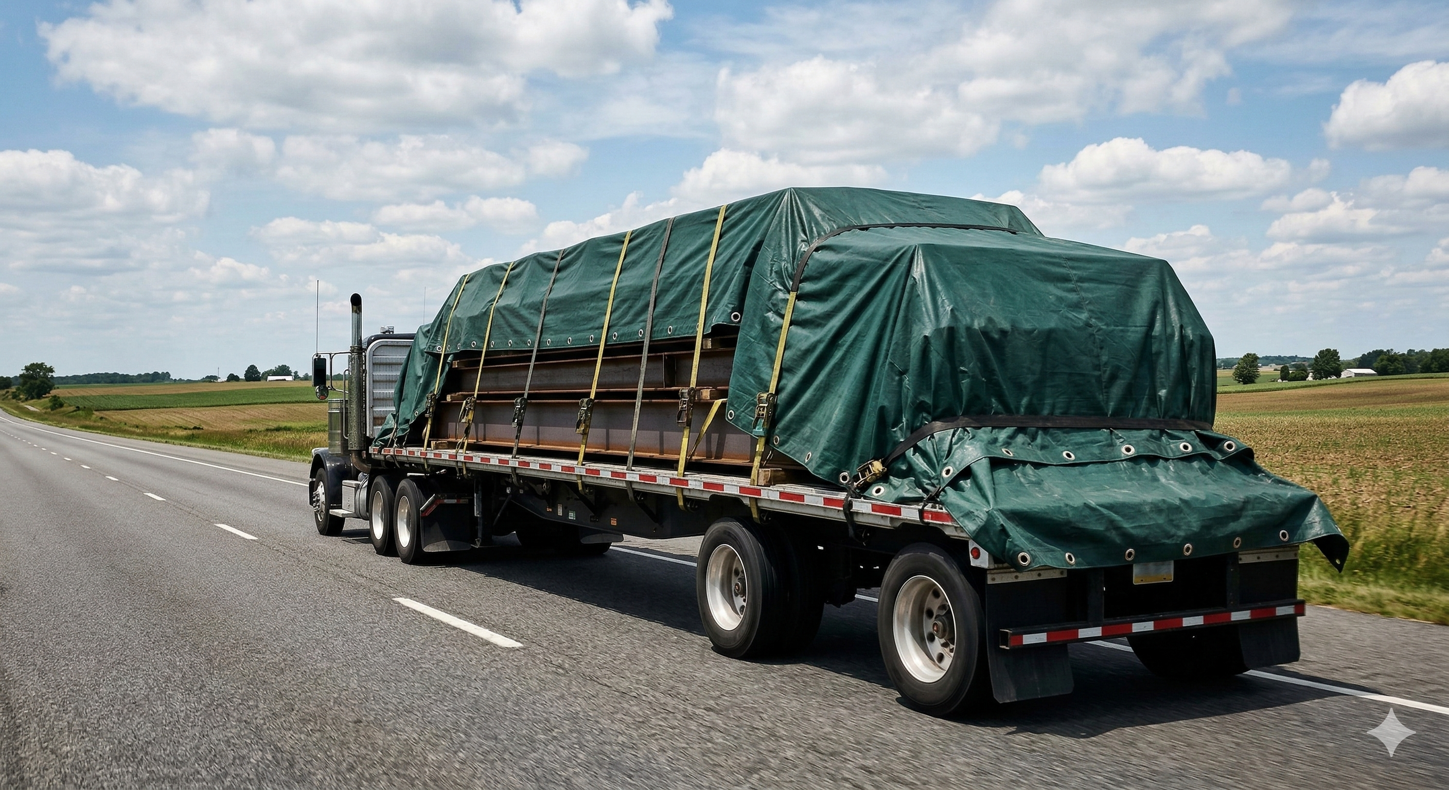 Heavy duty tarp secured over steel cargo on a flatbed truck during transport